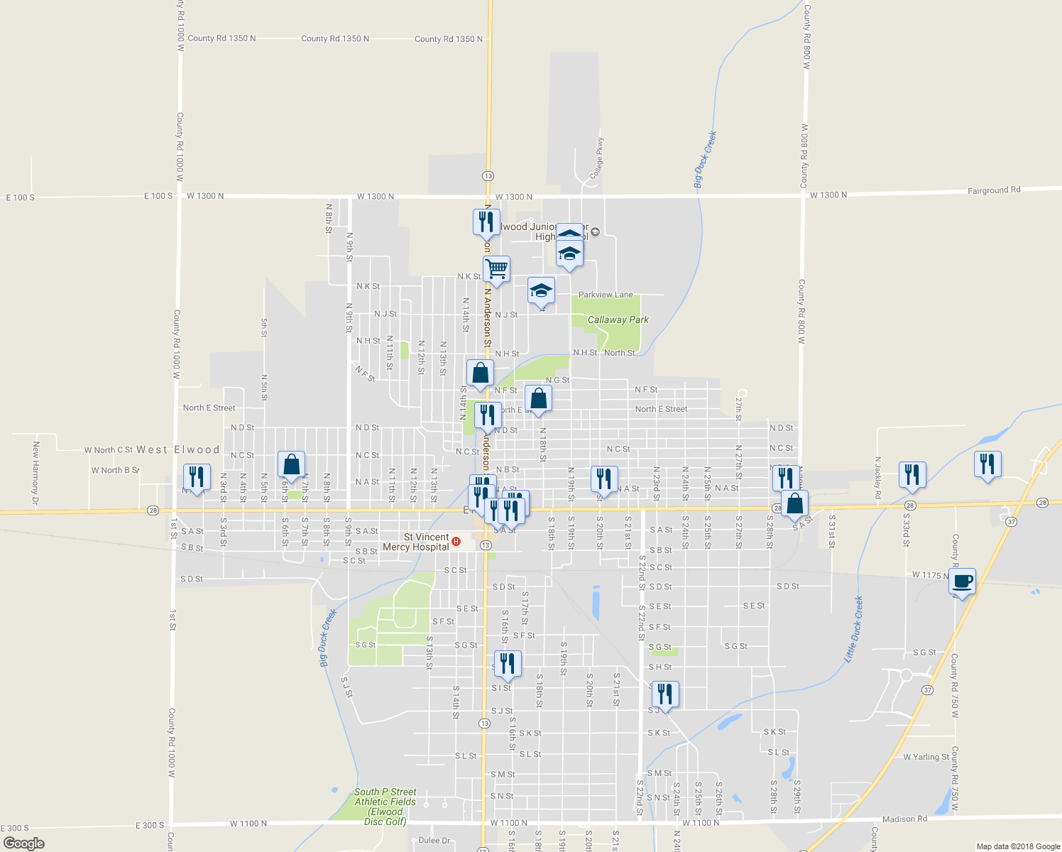 map of restaurants, bars, coffee shops, grocery stores, and more near 1624 North D Street in Elwood