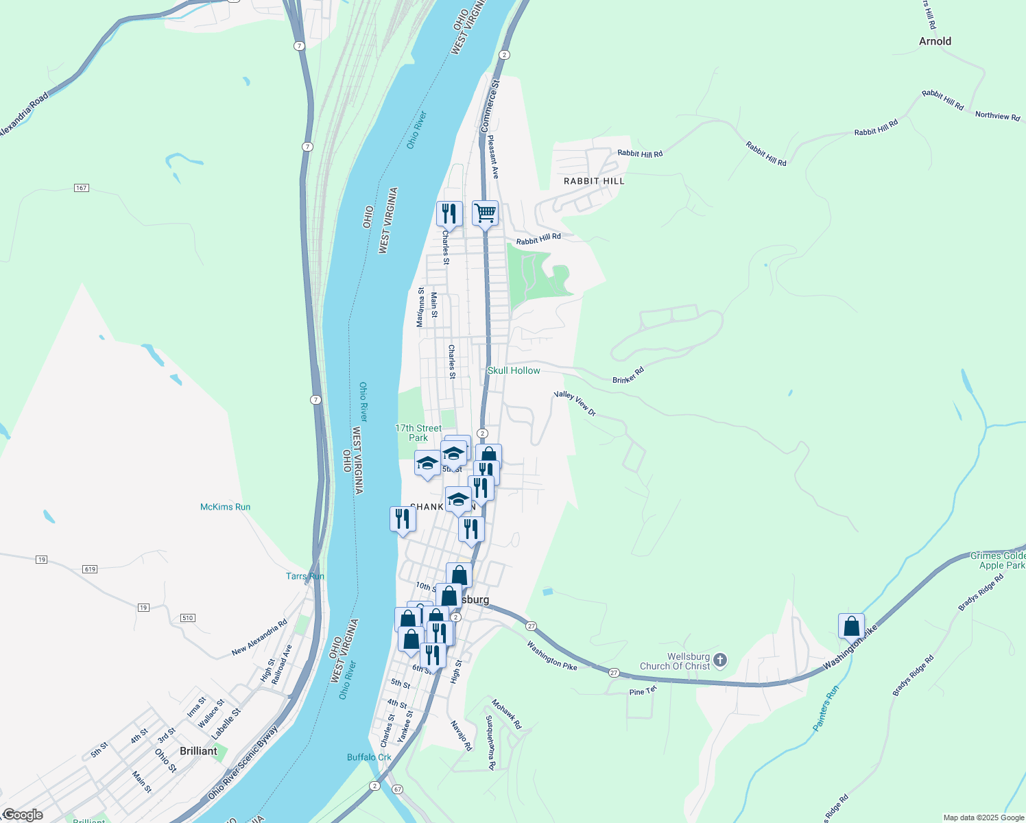 map of restaurants, bars, coffee shops, grocery stores, and more near 114 Caldwell Ave in Wellsburg