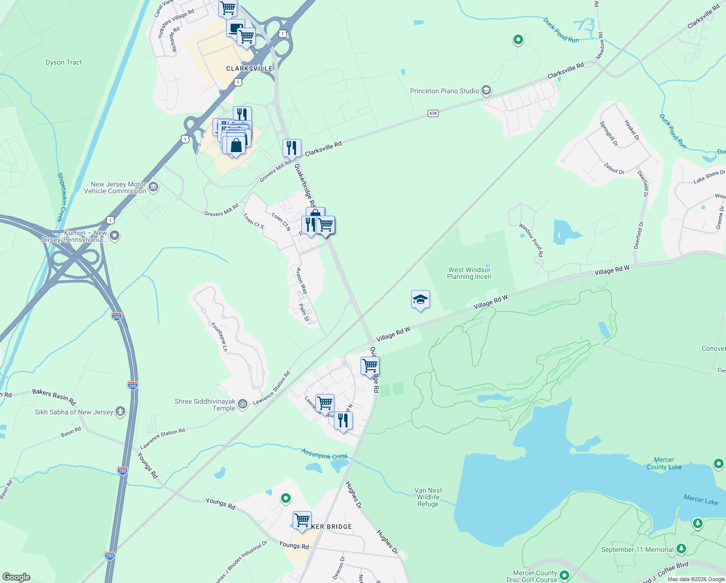 map of restaurants, bars, coffee shops, grocery stores, and more near 4095 Quakerbridge Rd in West Windsor Township