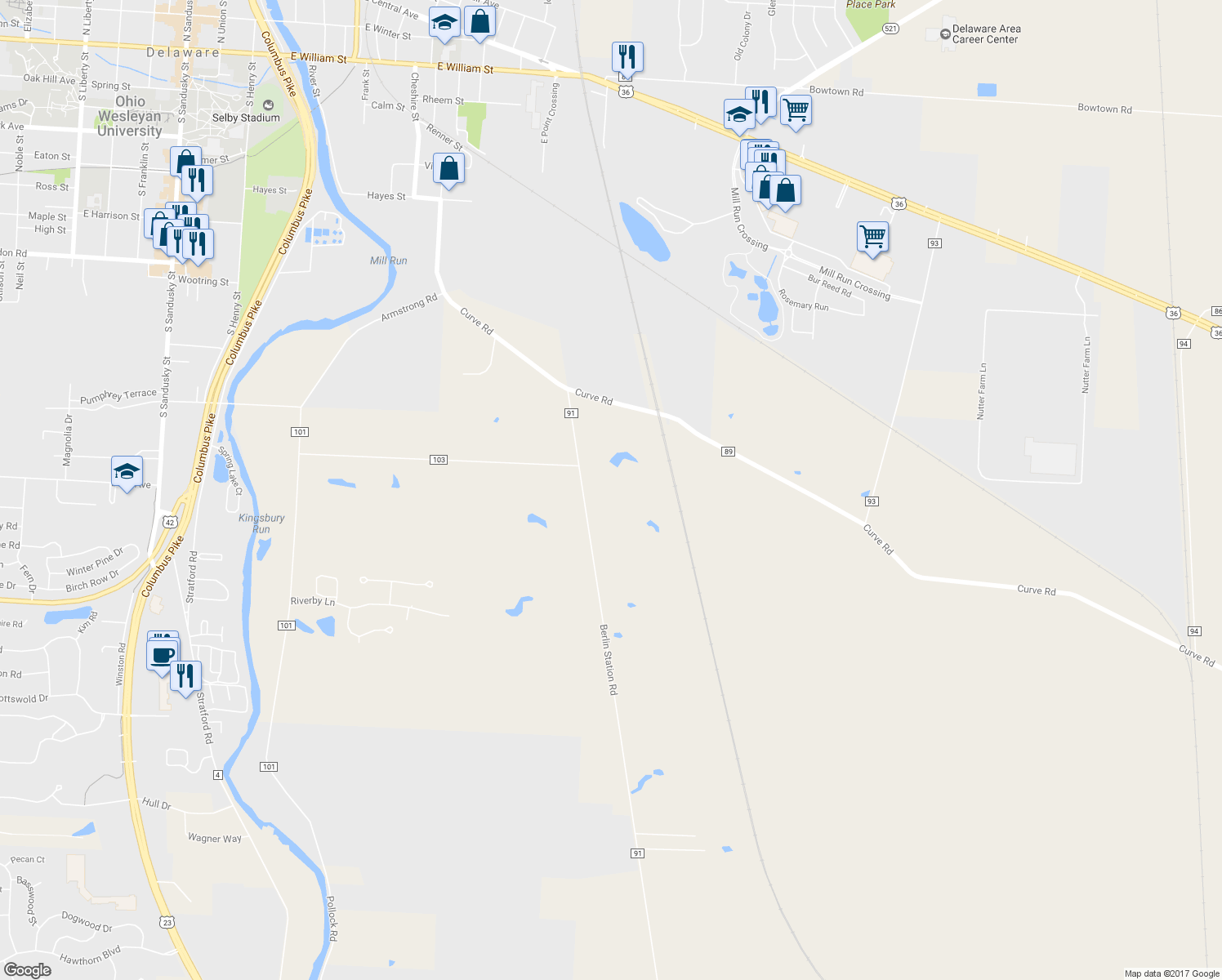 map of restaurants, bars, coffee shops, grocery stores, and more near 1105 Berlin Station Road in Delaware