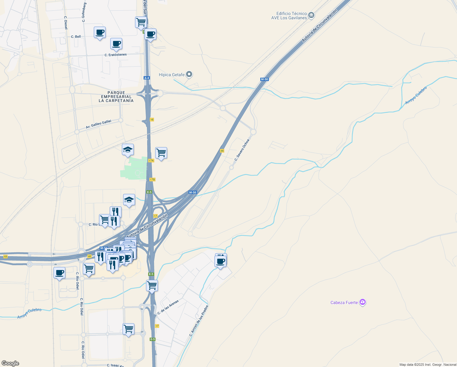 map of restaurants, bars, coffee shops, grocery stores, and more near 28 Calle Severo Ochoa in Getafe