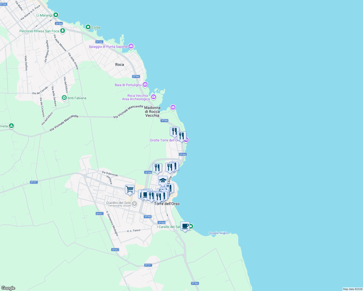 map of restaurants, bars, coffee shops, grocery stores, and more near 8 Via Francesco Petrarca in Torre Dell'Orso