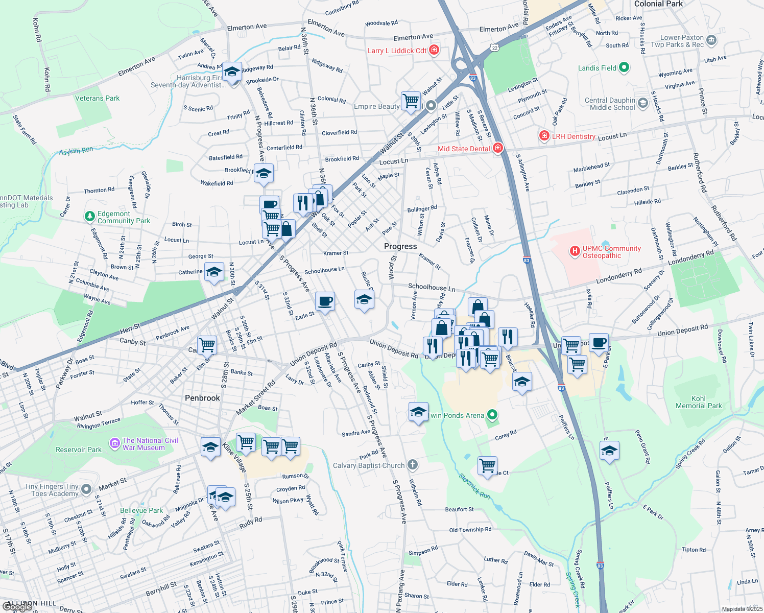 map of restaurants, bars, coffee shops, grocery stores, and more near 617 Sylvan Place in Harrisburg