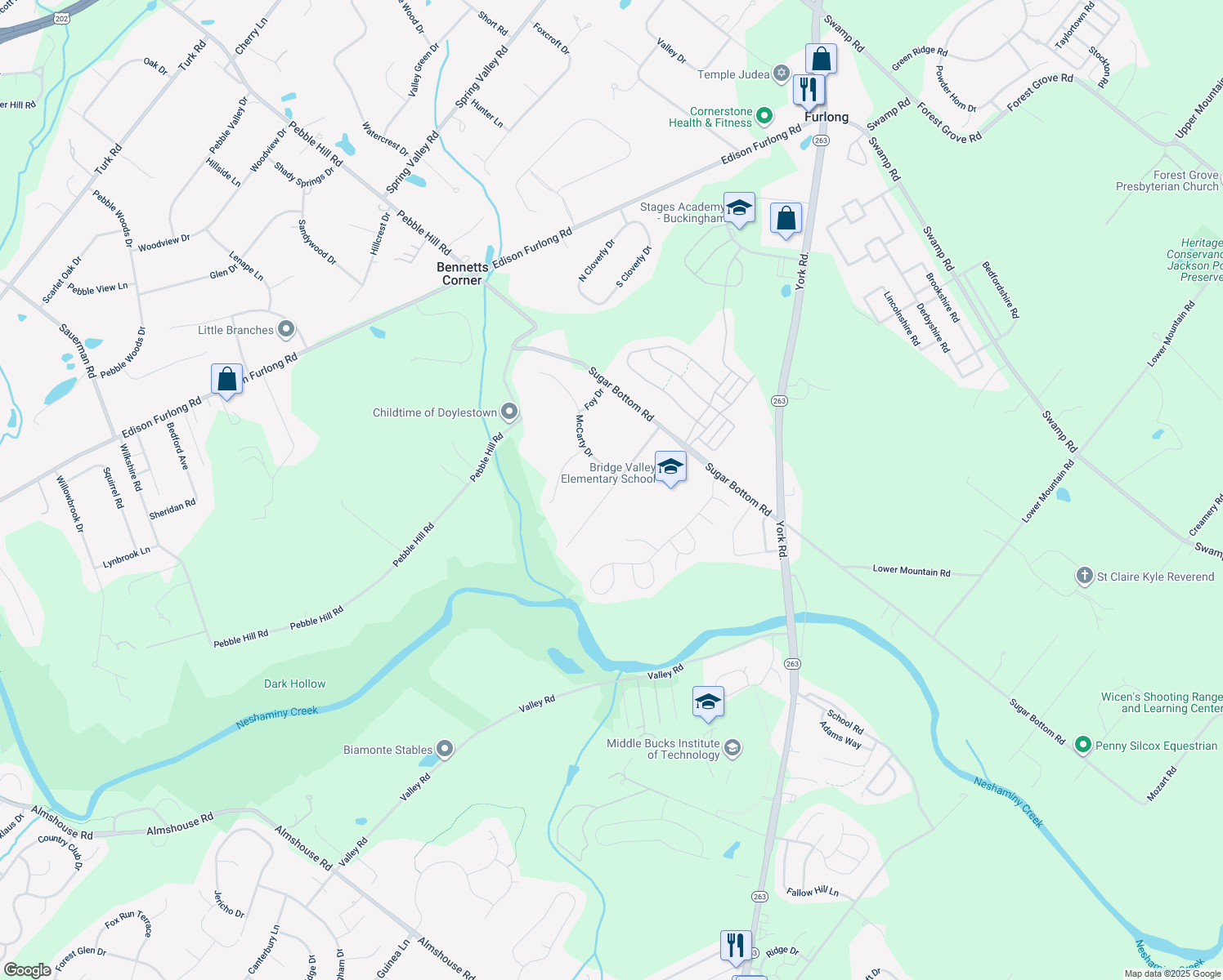 map of restaurants, bars, coffee shops, grocery stores, and more near 525 Saint Lawrence Way in Furlong