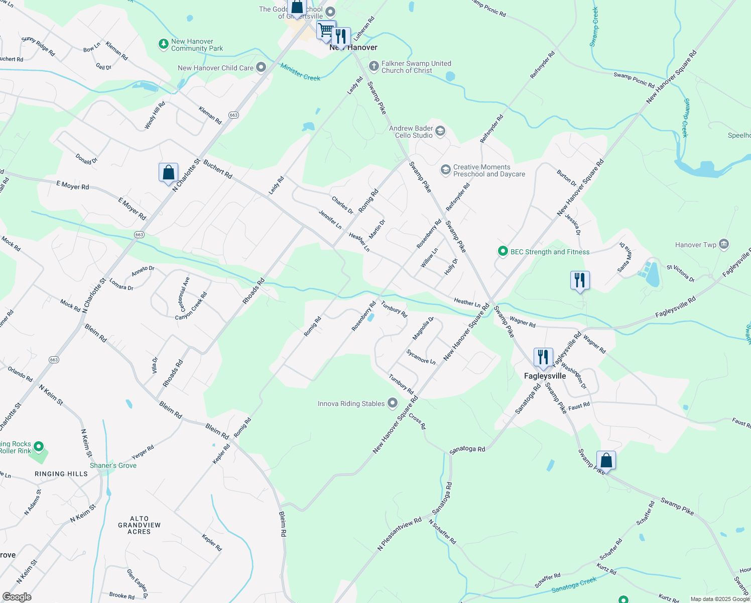map of restaurants, bars, coffee shops, grocery stores, and more near 2550 Rosenberry Road in Gilbertsville