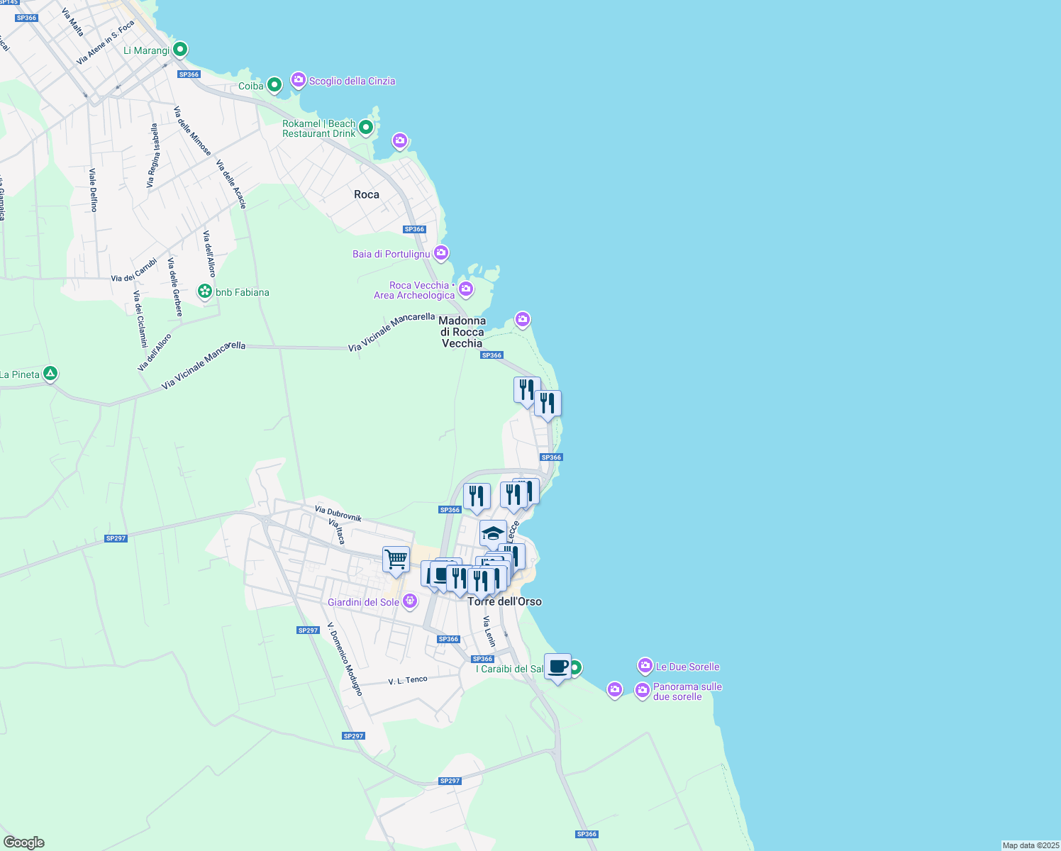 map of restaurants, bars, coffee shops, grocery stores, and more near 8 Via Francesco Petrarca in Torre Dell'Orso