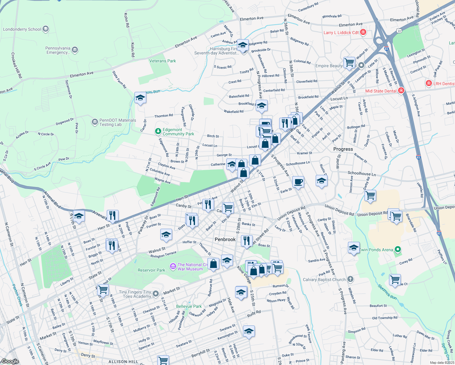 map of restaurants, bars, coffee shops, grocery stores, and more near 2743 Herr Street in Harrisburg