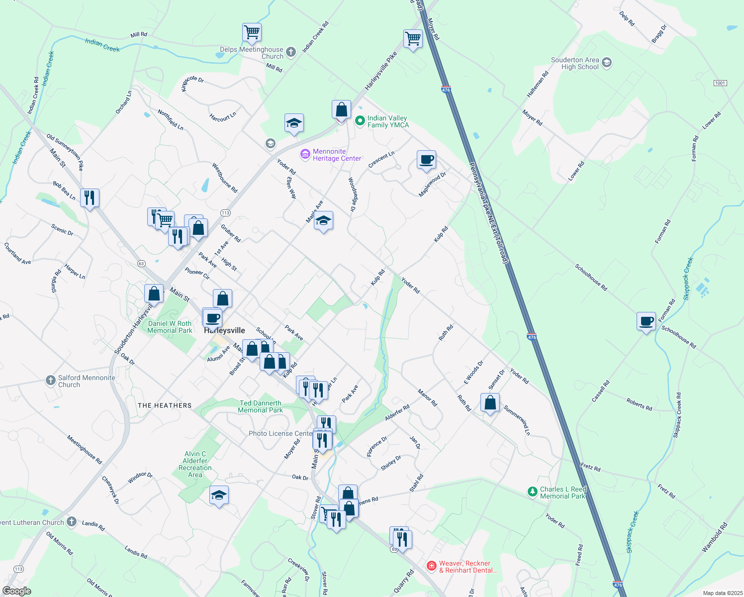 map of restaurants, bars, coffee shops, grocery stores, and more near 360 Indian Crest Way in Harleysville