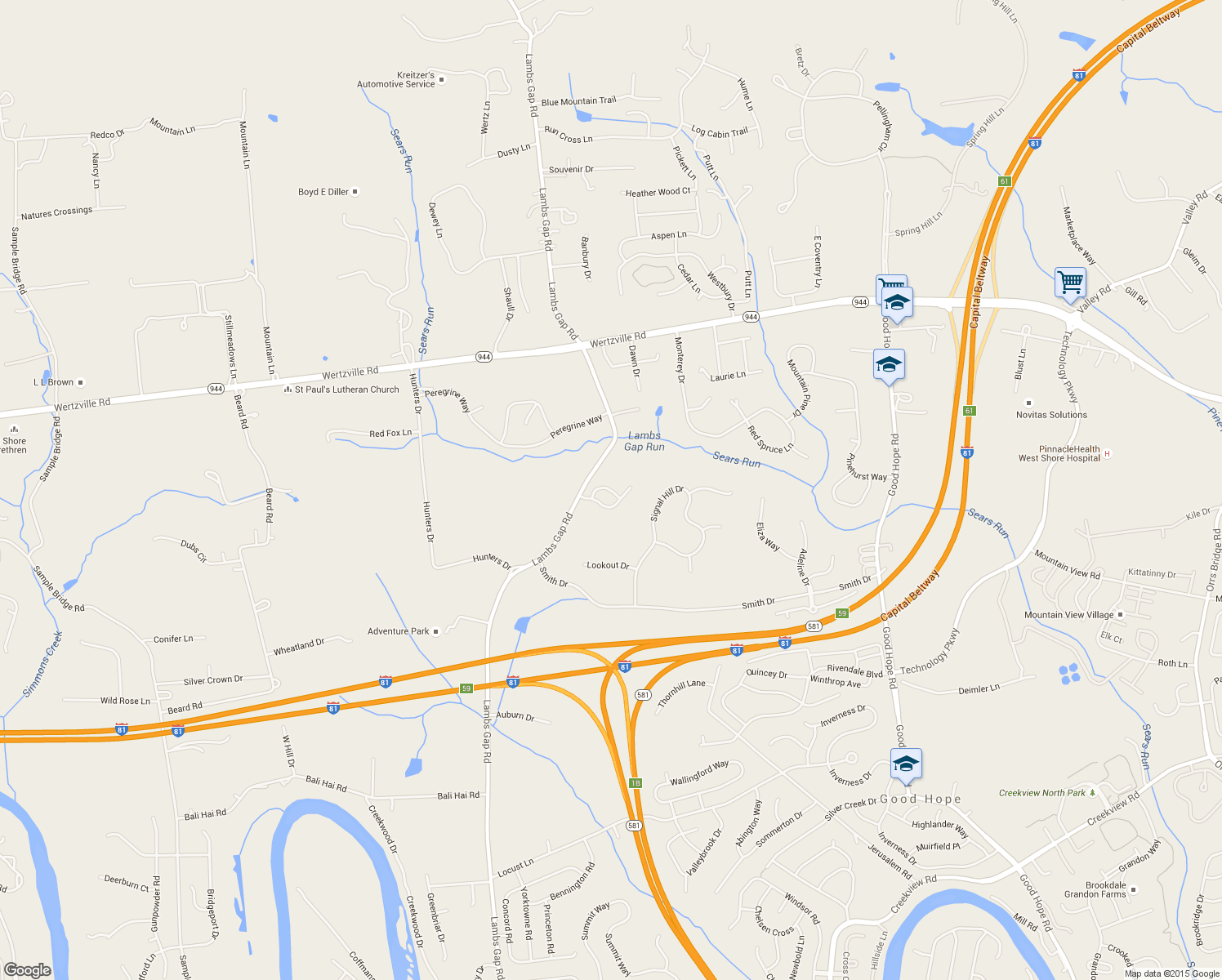 map of restaurants, bars, coffee shops, grocery stores, and more near 1820 Stable Lane in Mechanicsburg