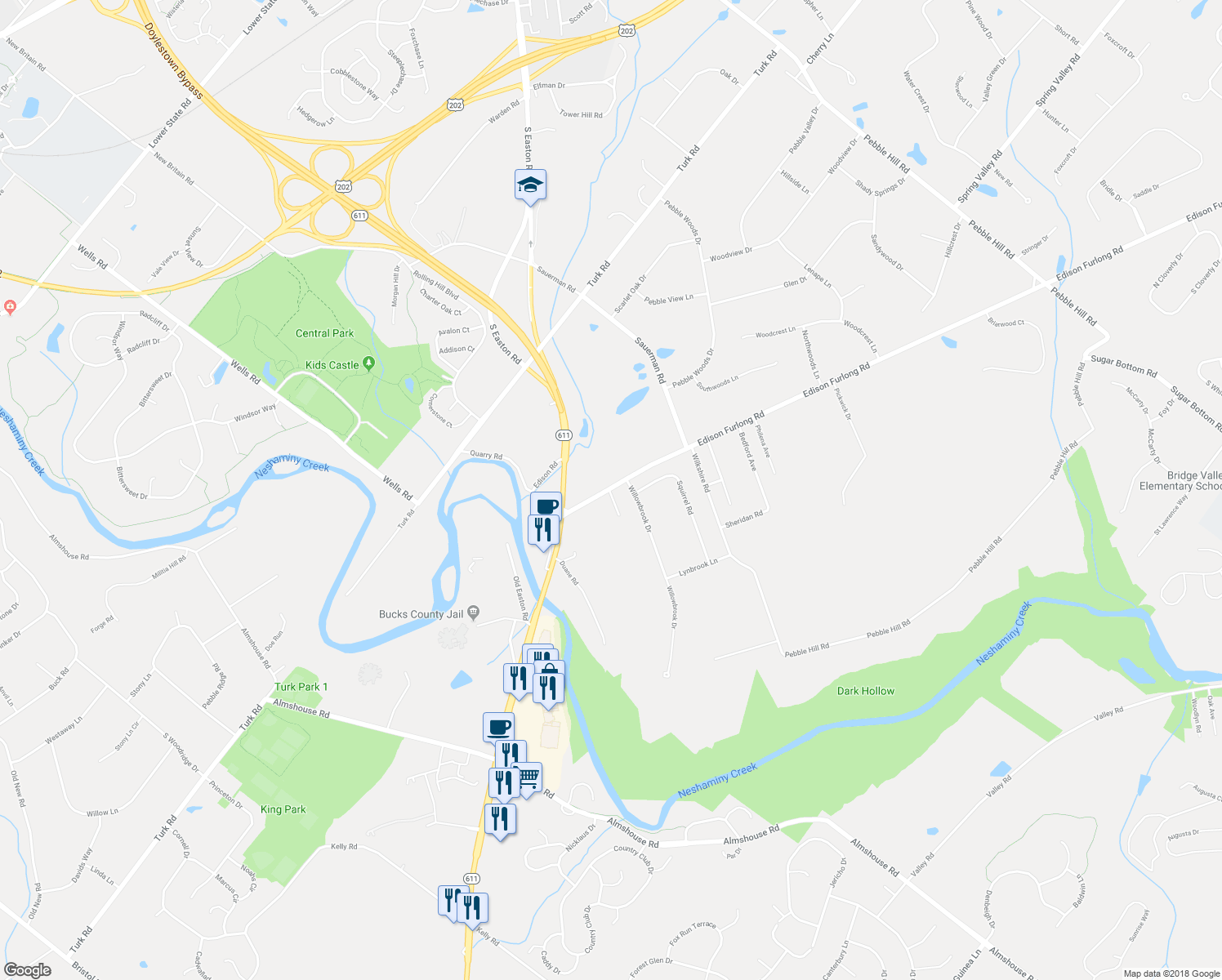 map of restaurants, bars, coffee shops, grocery stores, and more near 135 Edison Furlong Road in Doylestown