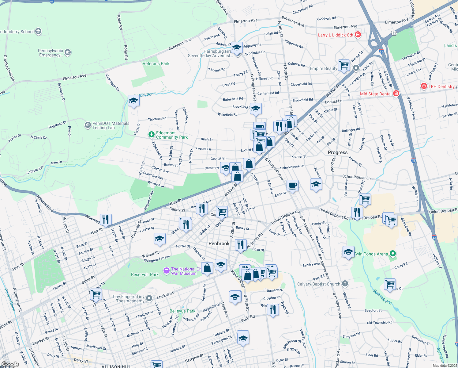 map of restaurants, bars, coffee shops, grocery stores, and more near 2829 Herr Street in Harrisburg