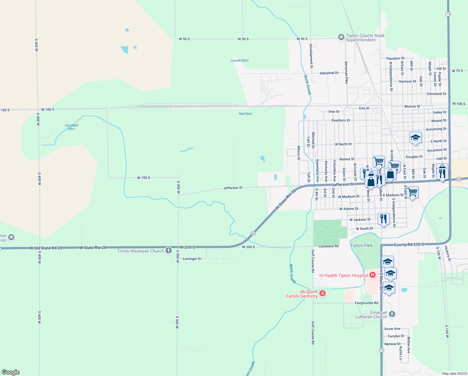 map of restaurants, bars, coffee shops, grocery stores, and more near Co Road 150 South in Tipton