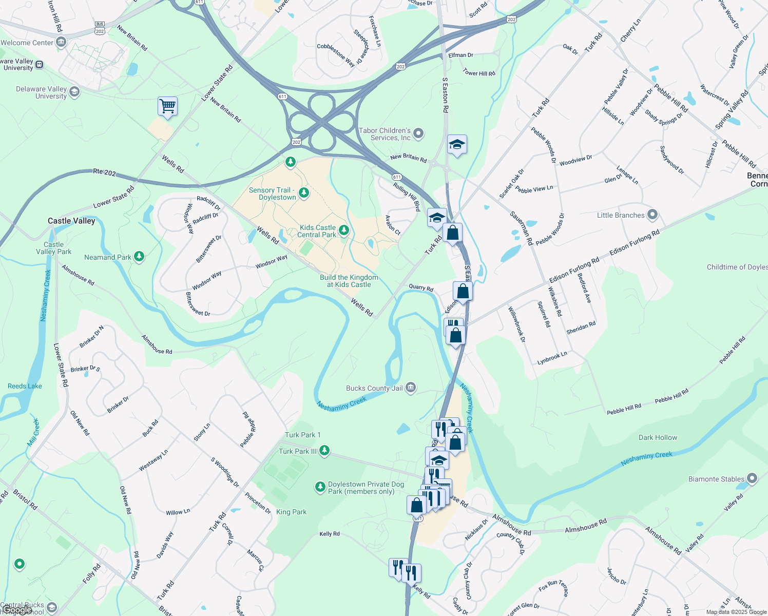 map of restaurants, bars, coffee shops, grocery stores, and more near 1808 Turk Road in Doylestown