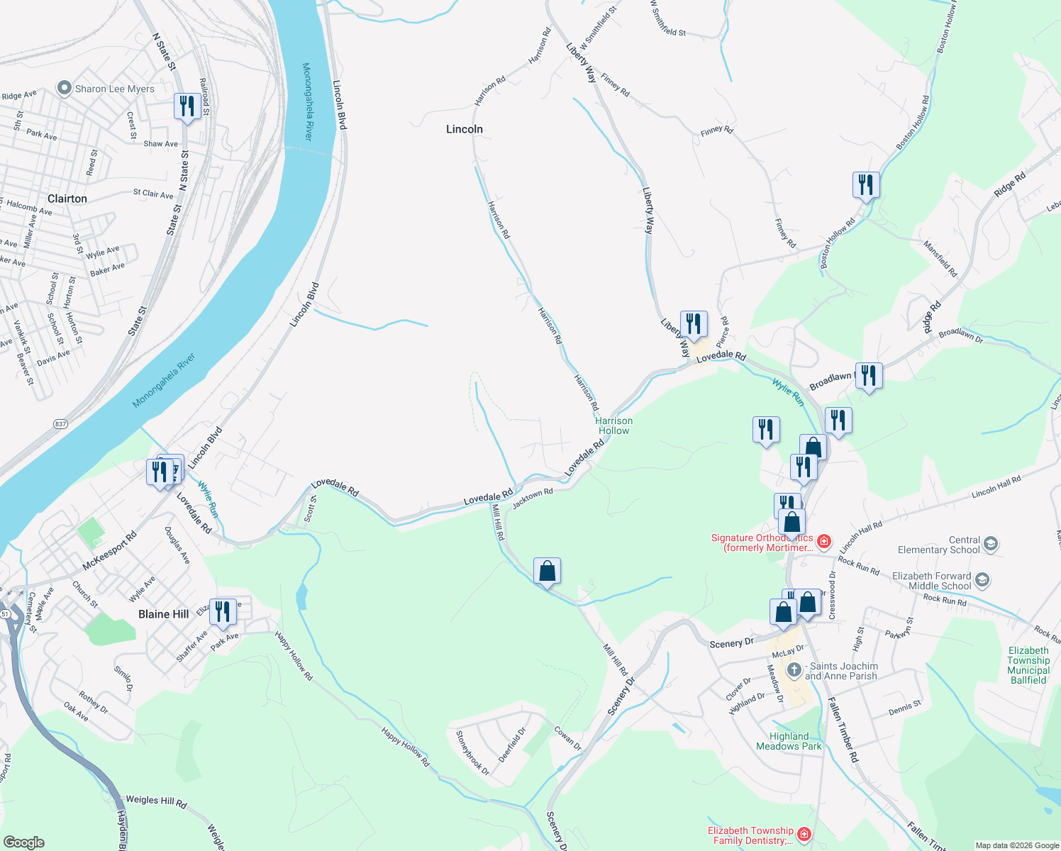map of restaurants, bars, coffee shops, grocery stores, and more near 117 Fuehrer Road in Elizabeth