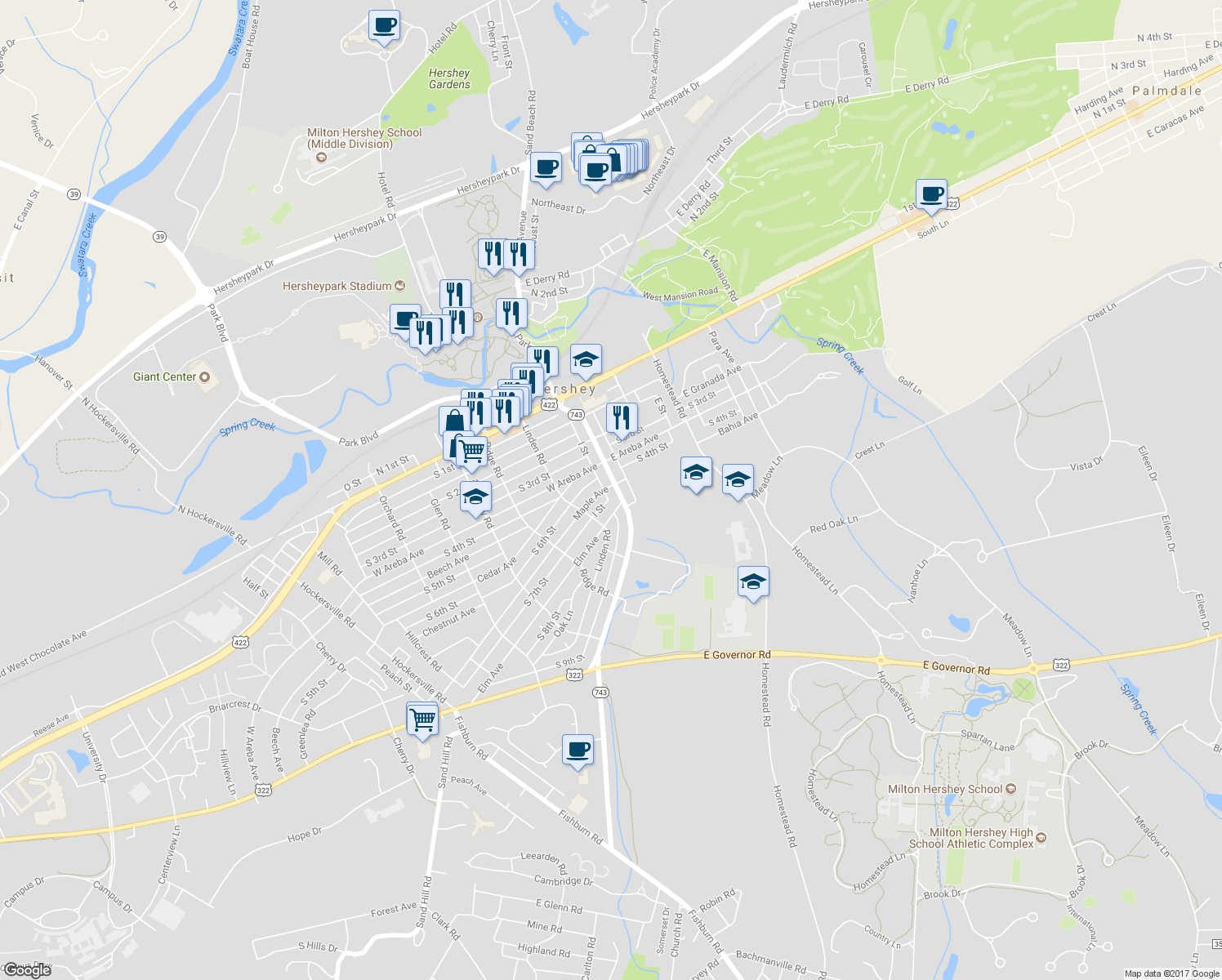 map of restaurants, bars, coffee shops, grocery stores, and more near 400 Cocoa Avenue in Hershey