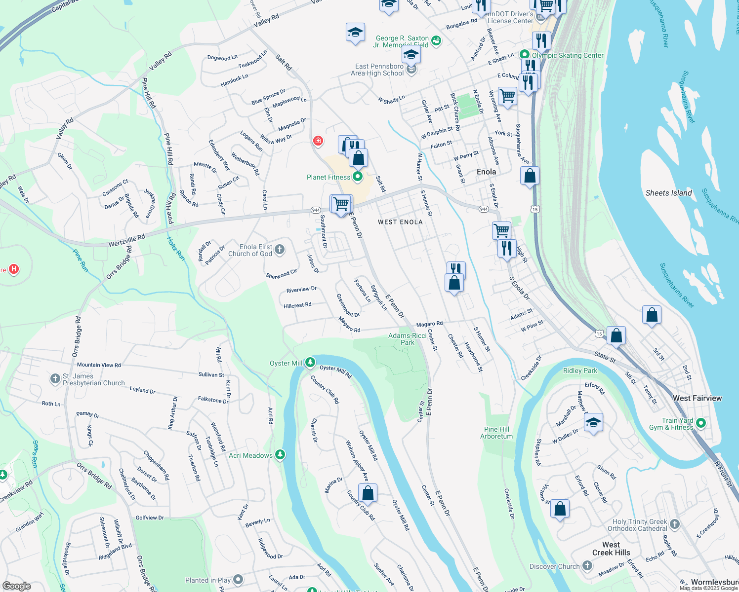 map of restaurants, bars, coffee shops, grocery stores, and more near 4 Fortuna Lane in Enola