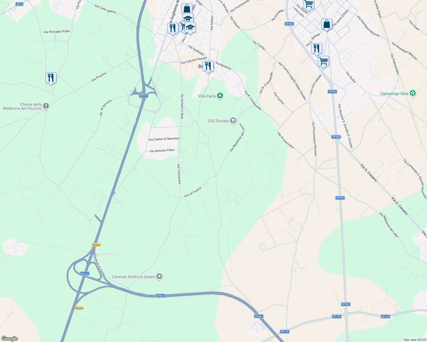 map of restaurants, bars, coffee shops, grocery stores, and more near 43 Via Solano Li Belli in Provincia di Lecce