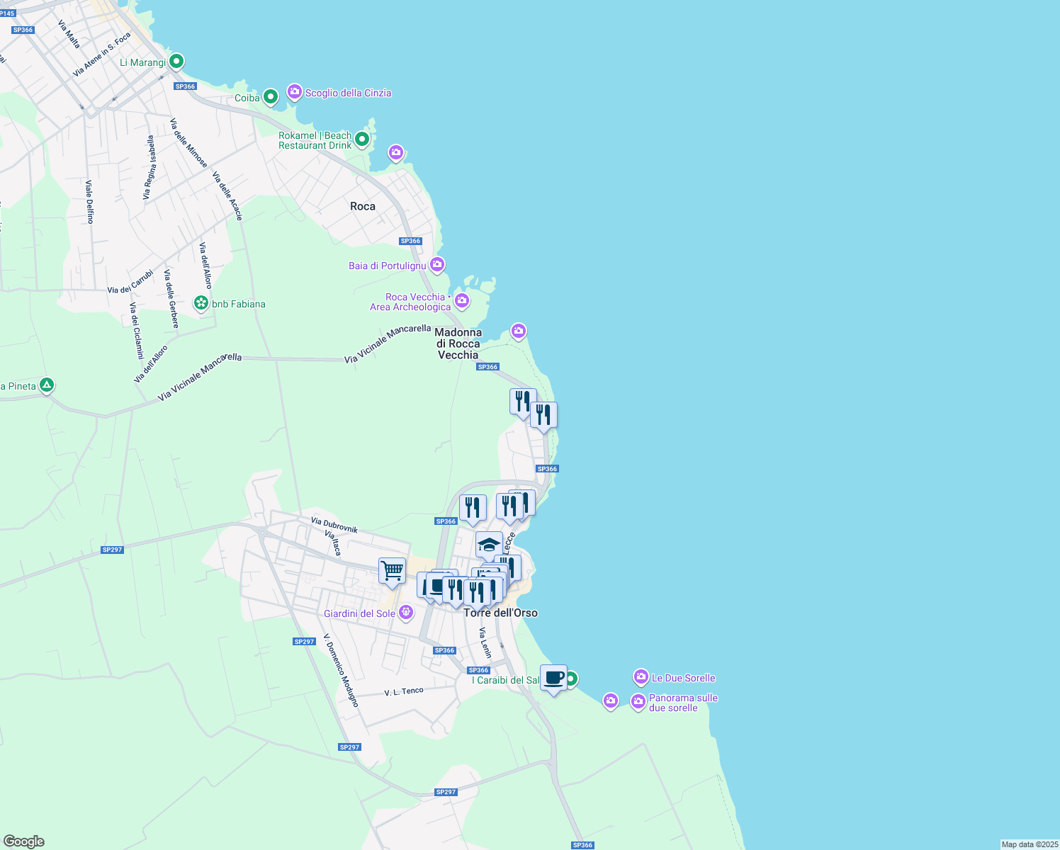 map of restaurants, bars, coffee shops, grocery stores, and more near 8 Via Francesco Petrarca in Torre dell'Orso