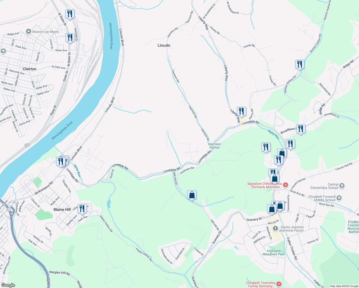 map of restaurants, bars, coffee shops, grocery stores, and more near 117 Fuehrer Road in Elizabeth