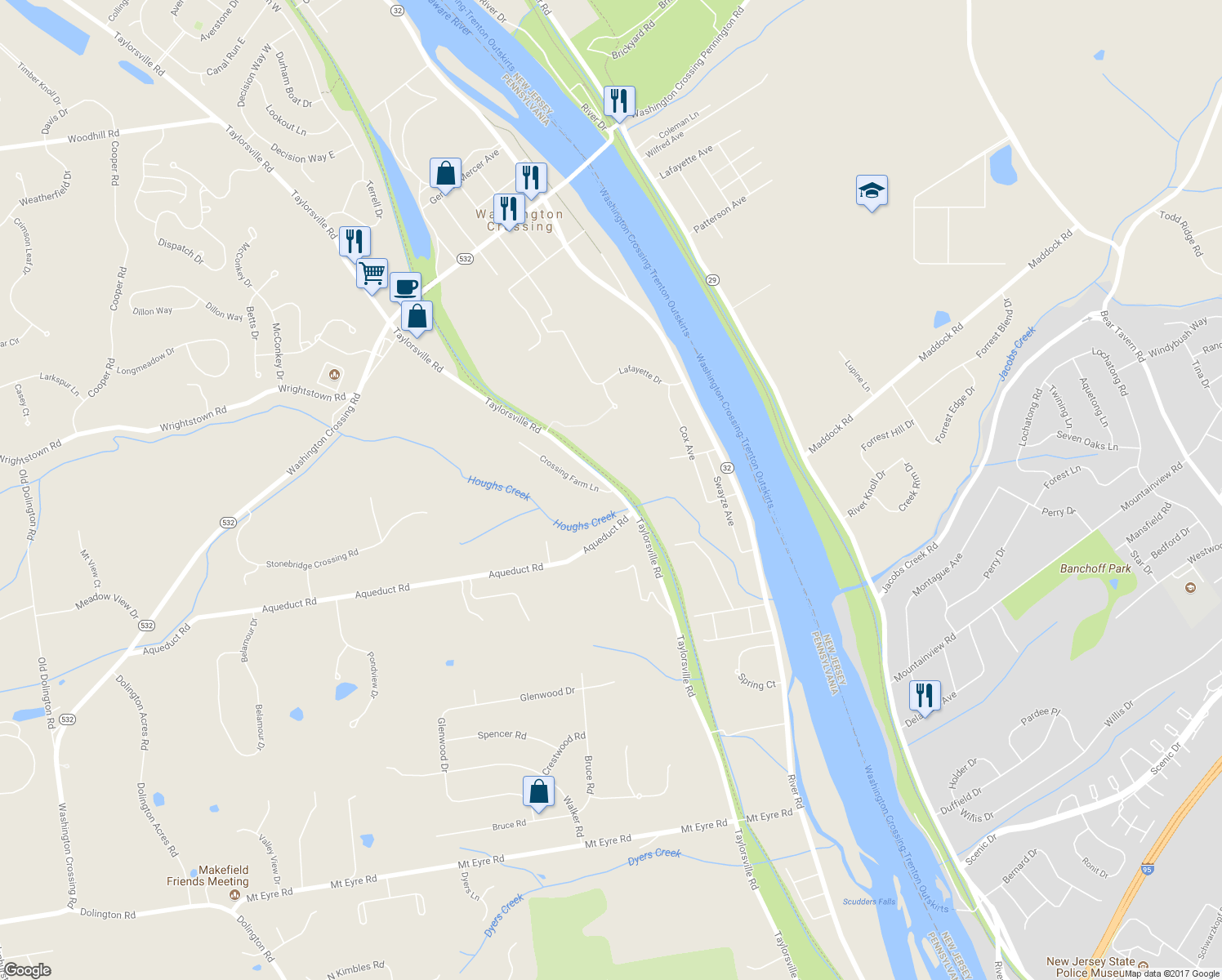 map of restaurants, bars, coffee shops, grocery stores, and more near 1067 Crossing Farm Lane in Washington Crossing