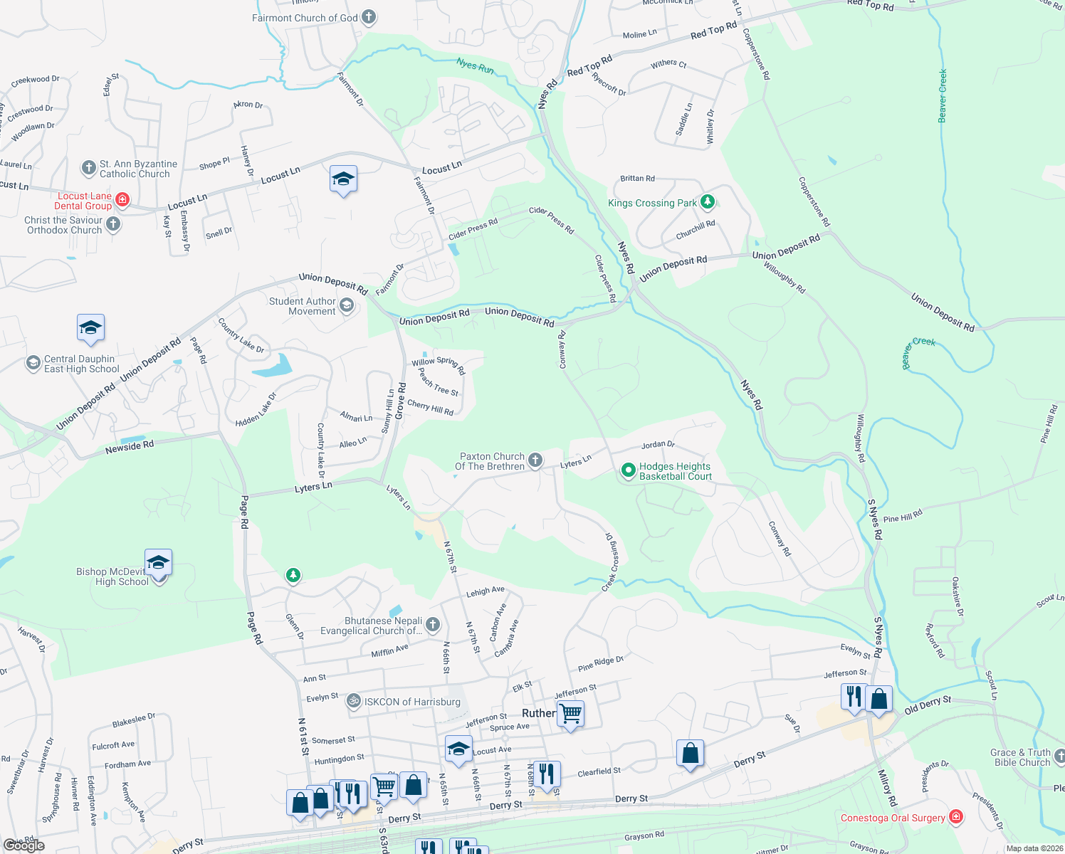 map of restaurants, bars, coffee shops, grocery stores, and more near 6450 Lyters Ln in Harrisburg