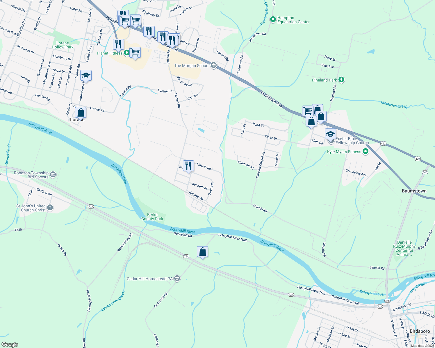 map of restaurants, bars, coffee shops, grocery stores, and more near 898 Lincoln Road in Birdsboro