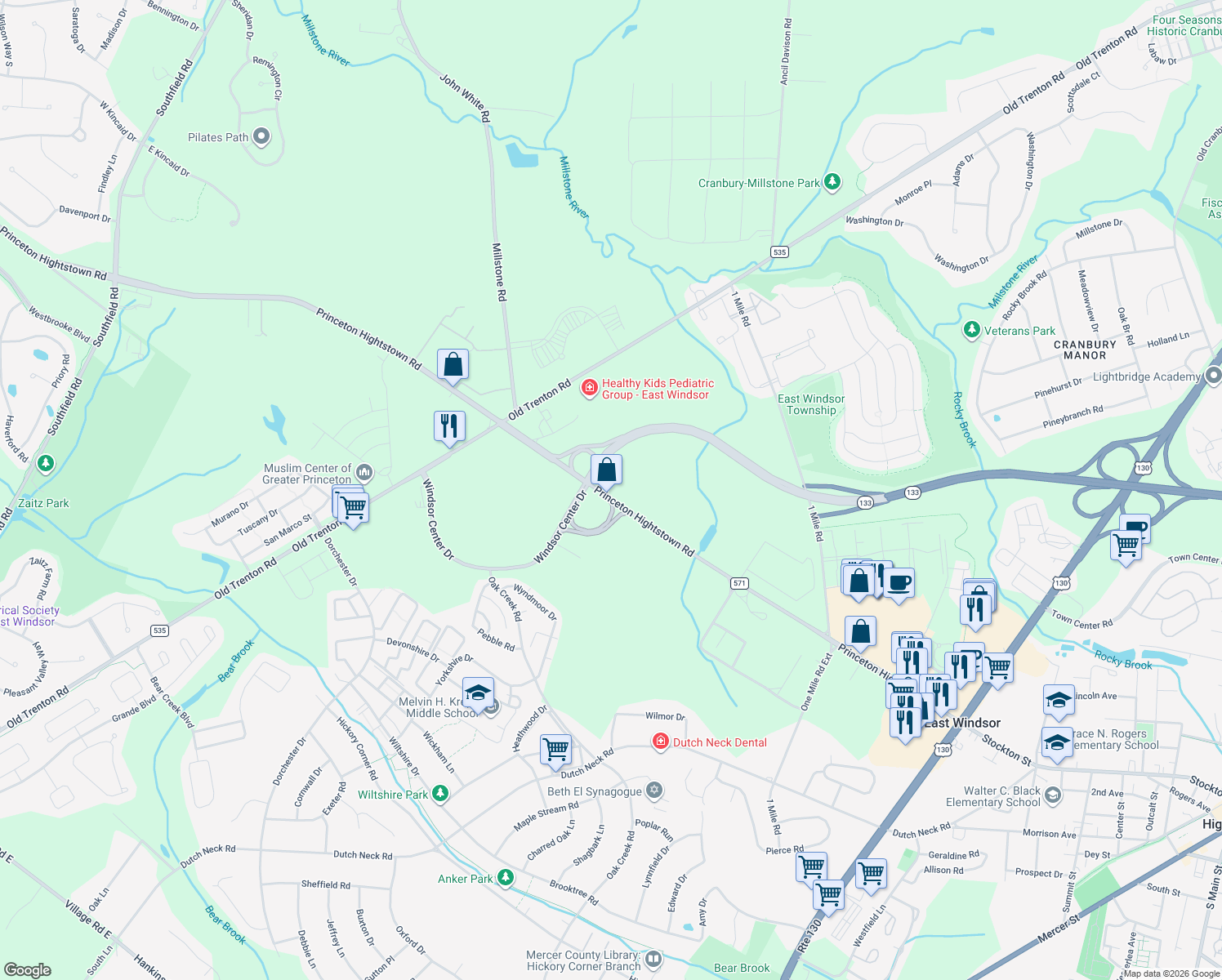 map of restaurants, bars, coffee shops, grocery stores, and more near 244 Princeton Hightstown Road in East Windsor