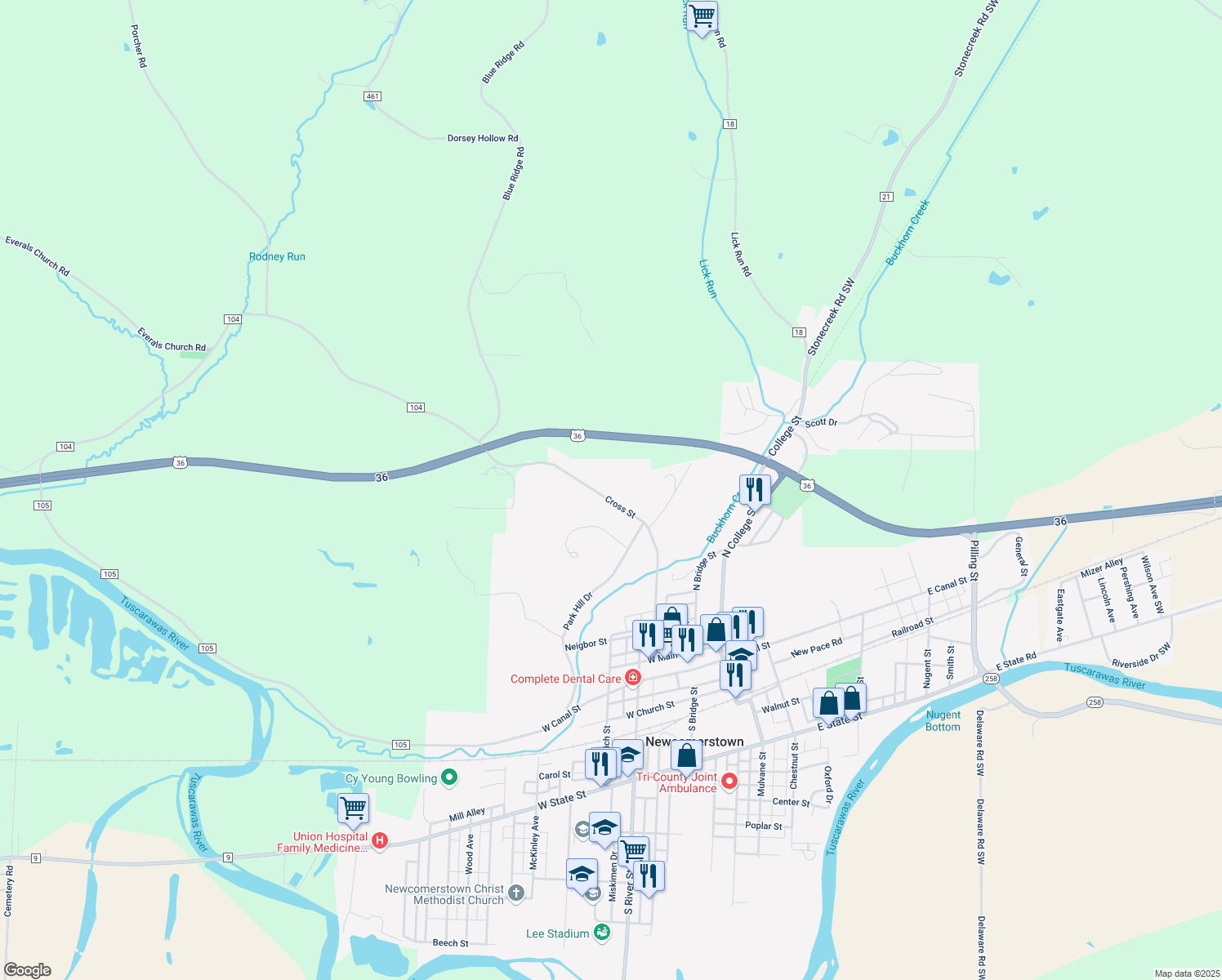 map of restaurants, bars, coffee shops, grocery stores, and more near 777 Cross St in Newcomerstown