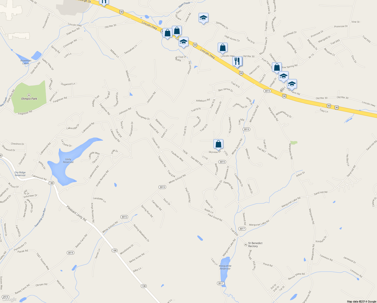 map of restaurants, bars, coffee shops, grocery stores, and more near 476 Sawmill Rd in Greensburg