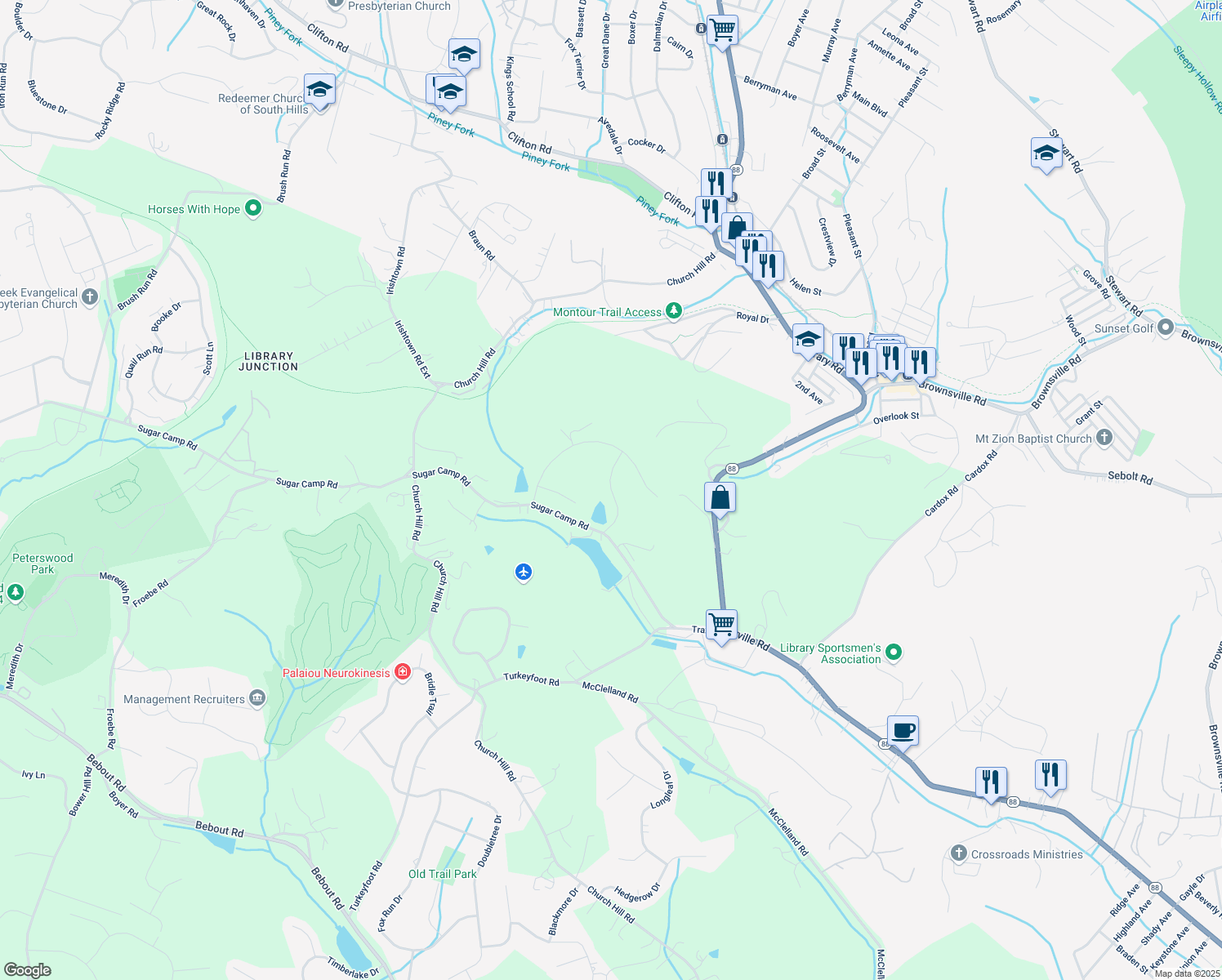 map of restaurants, bars, coffee shops, grocery stores, and more near 110 McIntosh Drive in Finleyville