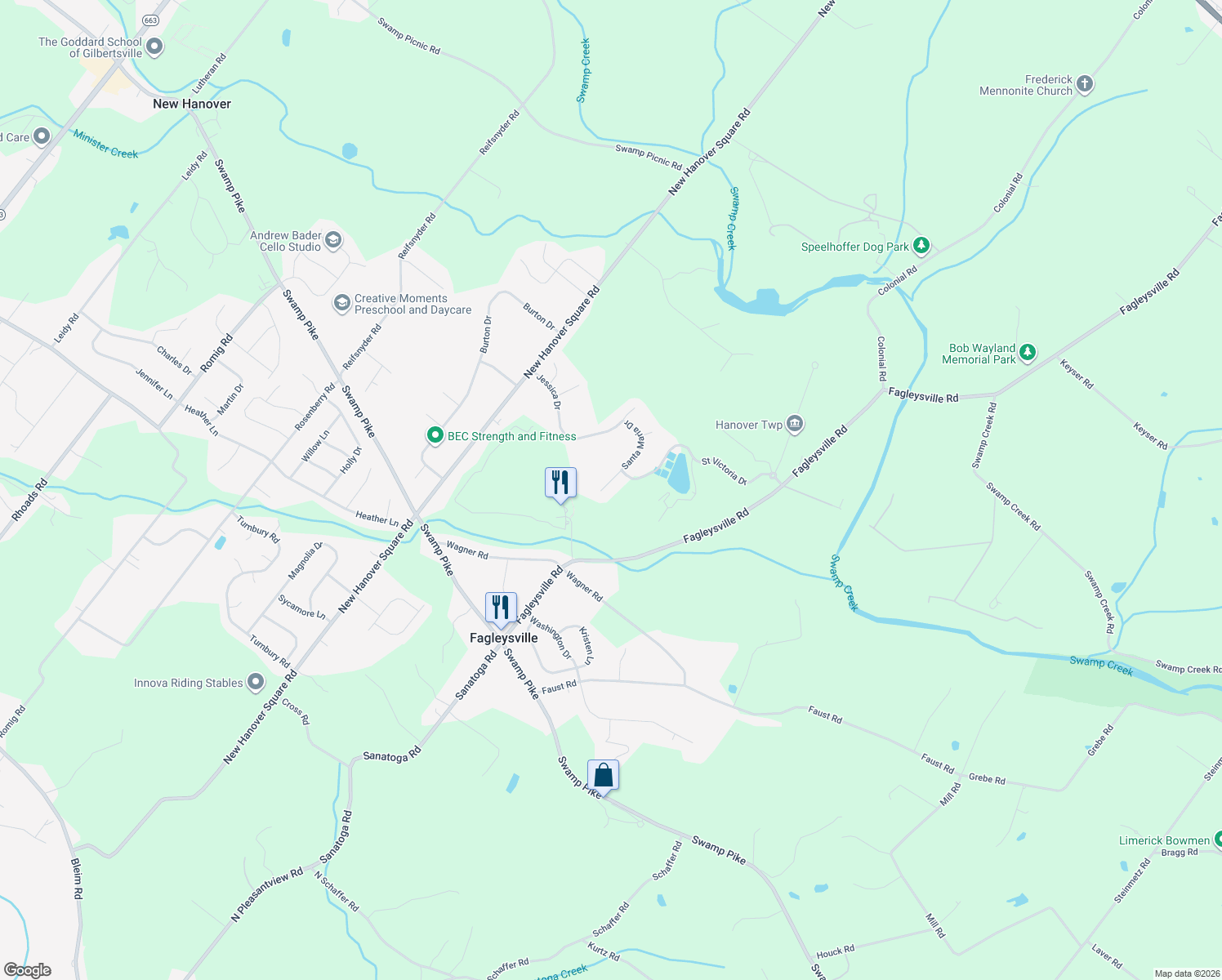 map of restaurants, bars, coffee shops, grocery stores, and more near 2910 Santa Maria Dr in Gilbertsville