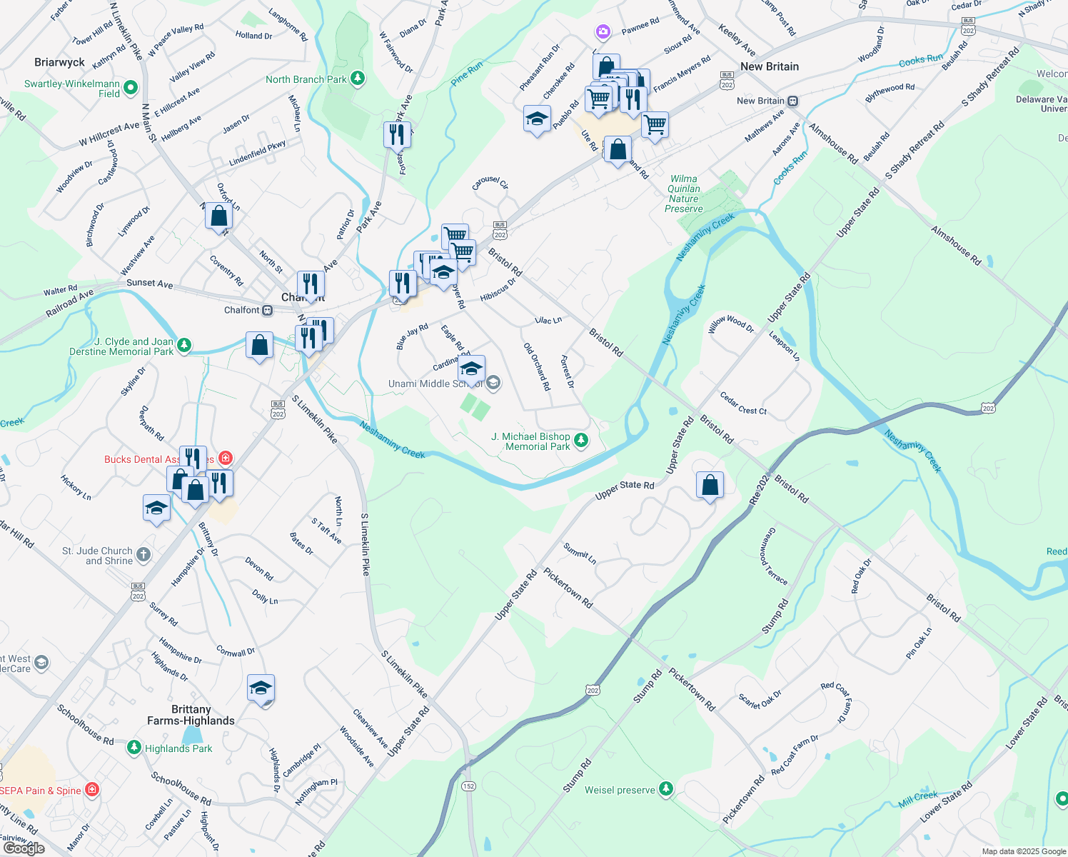 map of restaurants, bars, coffee shops, grocery stores, and more near 300 Lenape Lane in Chalfont