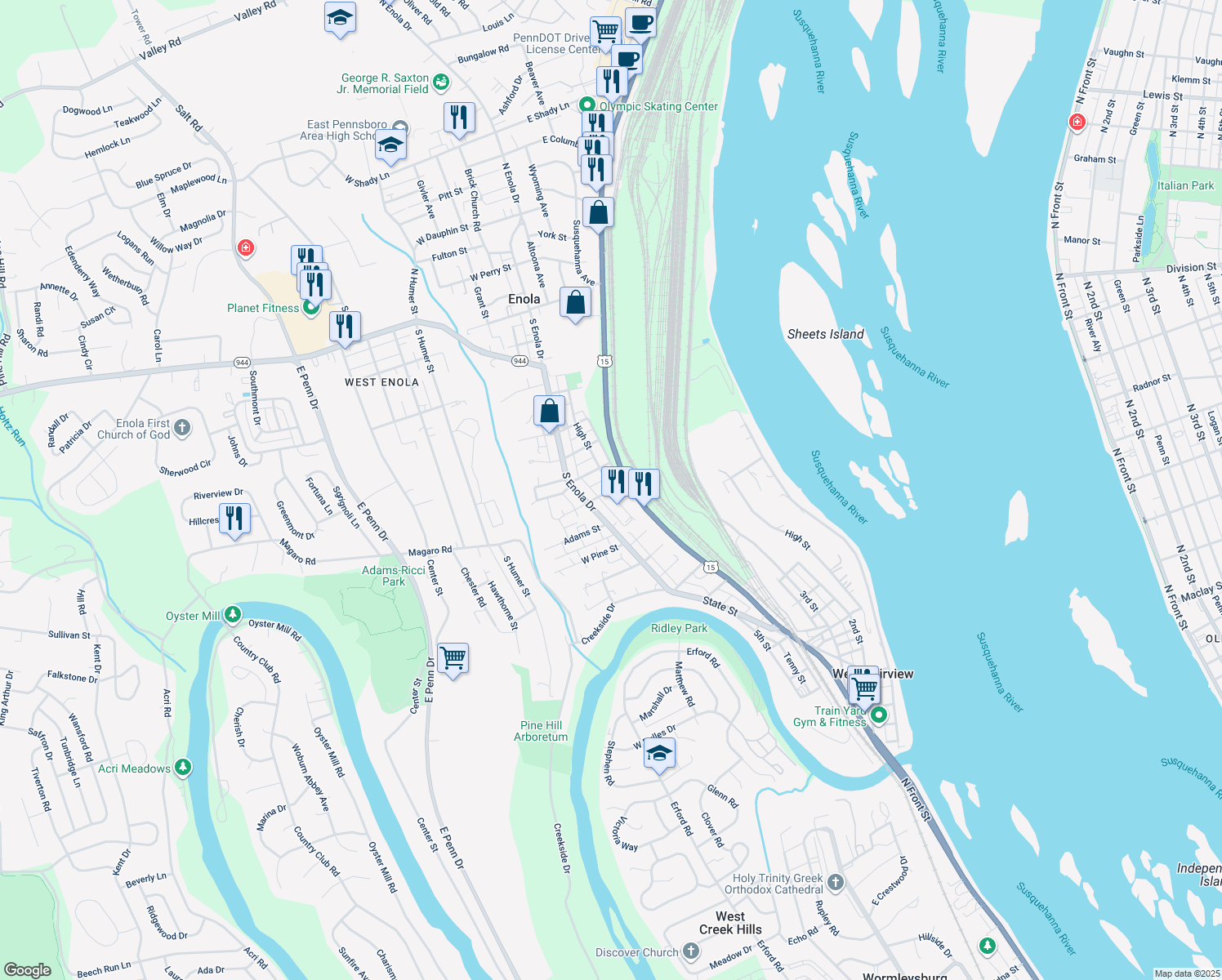 map of restaurants, bars, coffee shops, grocery stores, and more near High Street in Enola