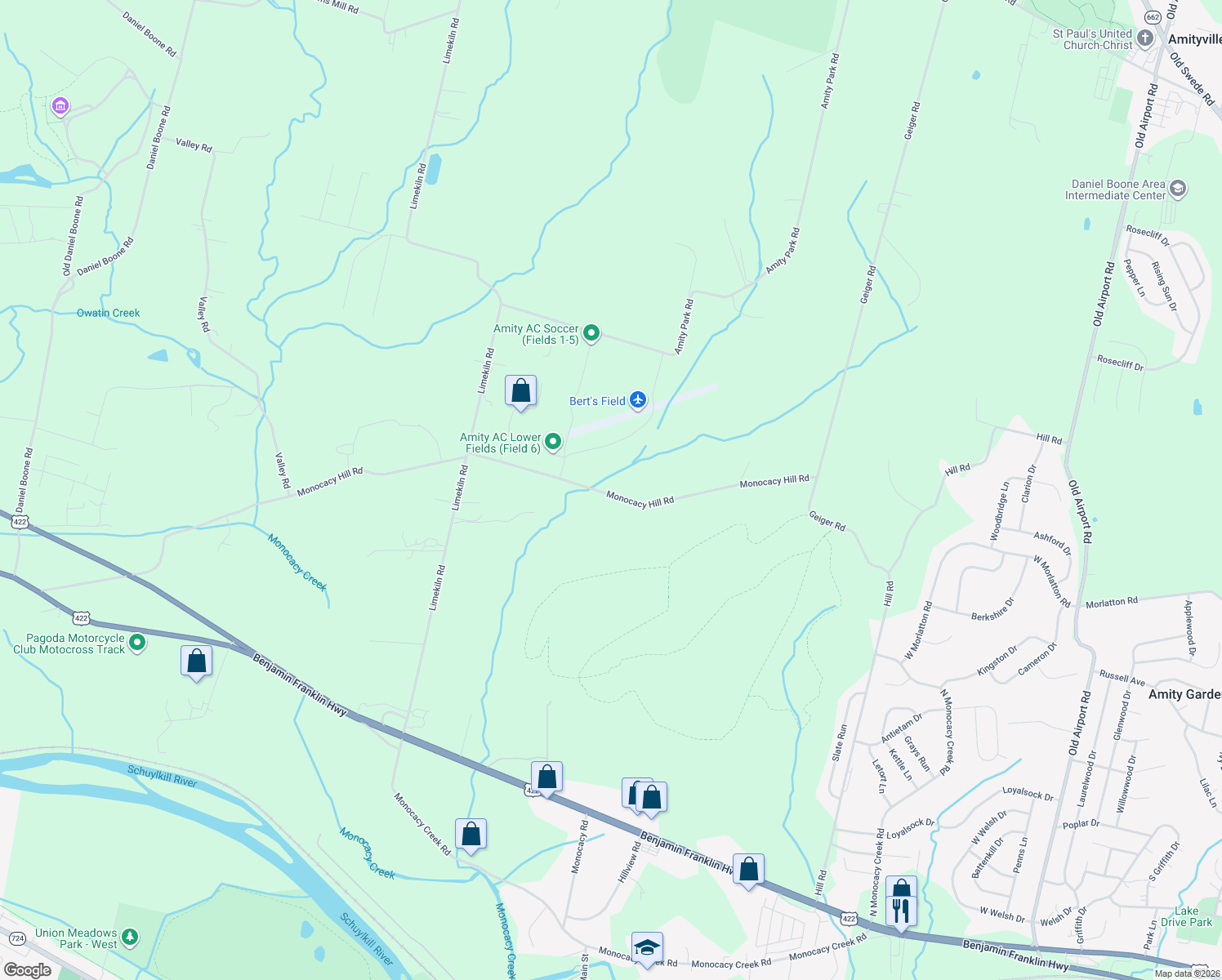 map of restaurants, bars, coffee shops, grocery stores, and more near 587 Monocacy Hill Rd in Birdsboro