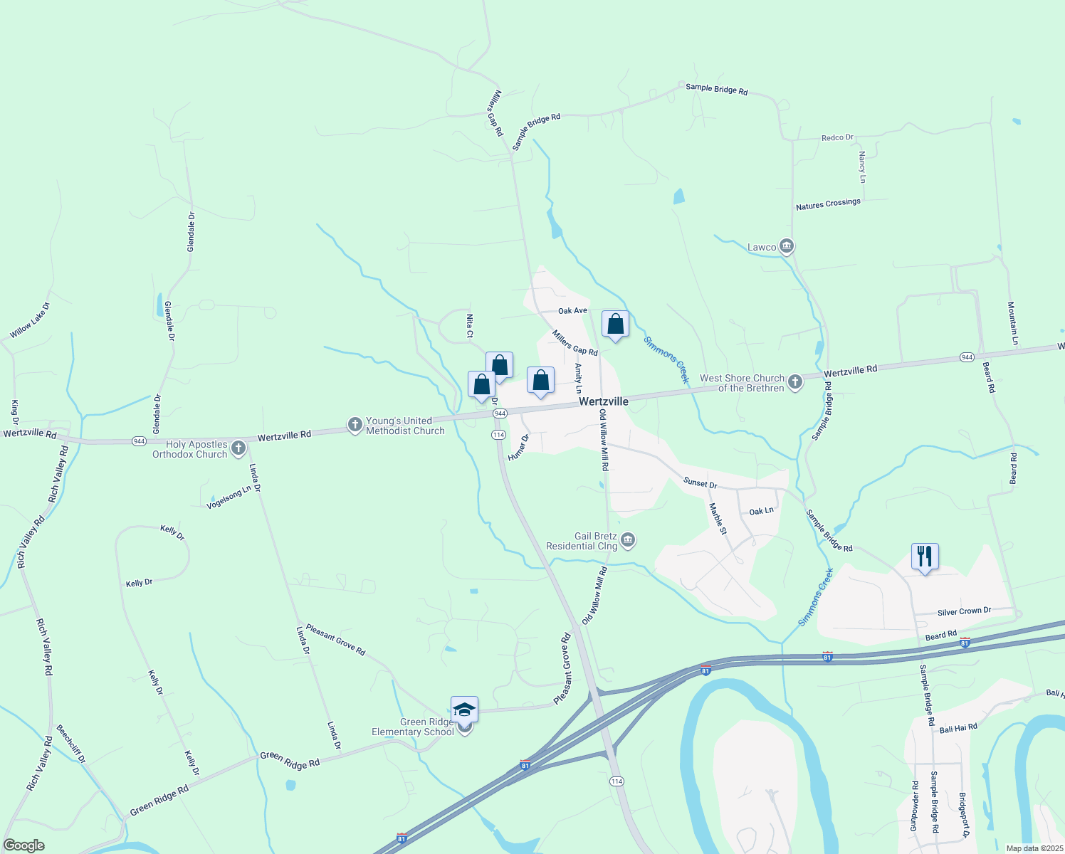 map of restaurants, bars, coffee shops, grocery stores, and more near 7 Humer Drive in Mechanicsburg
