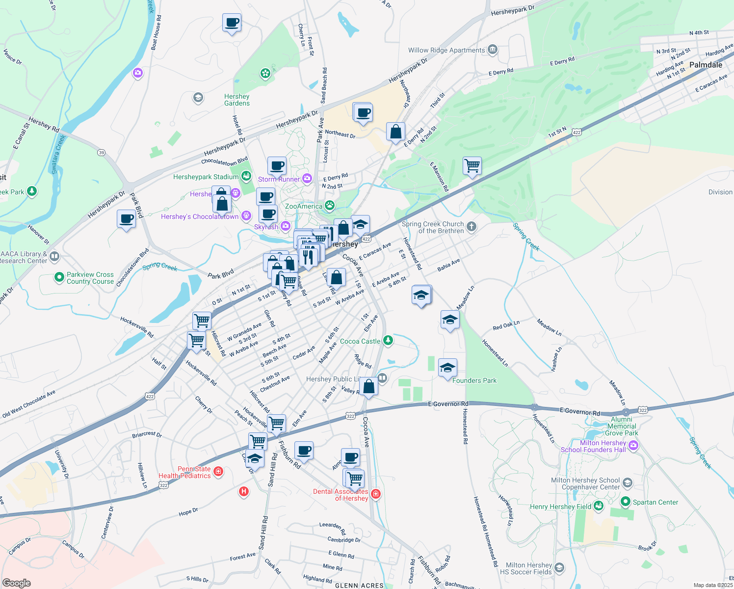 map of restaurants, bars, coffee shops, grocery stores, and more near 310 Cocoa Avenue in Hershey