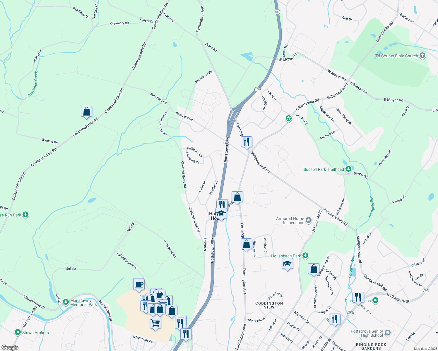 map of restaurants, bars, coffee shops, grocery stores, and more near 1500 Heather Place in Pottstown