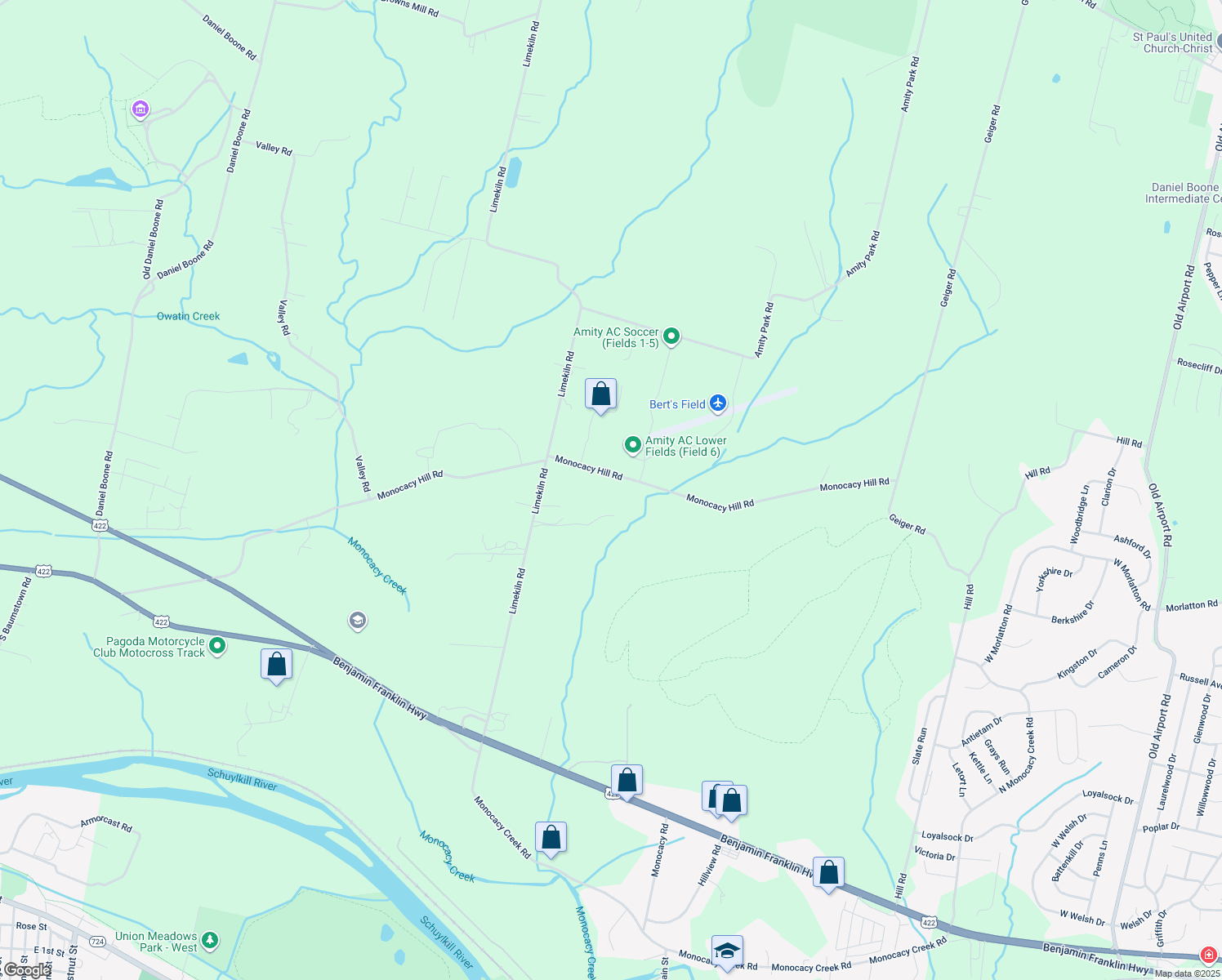 map of restaurants, bars, coffee shops, grocery stores, and more near 544 Monocacy Hill Road in Birdsboro