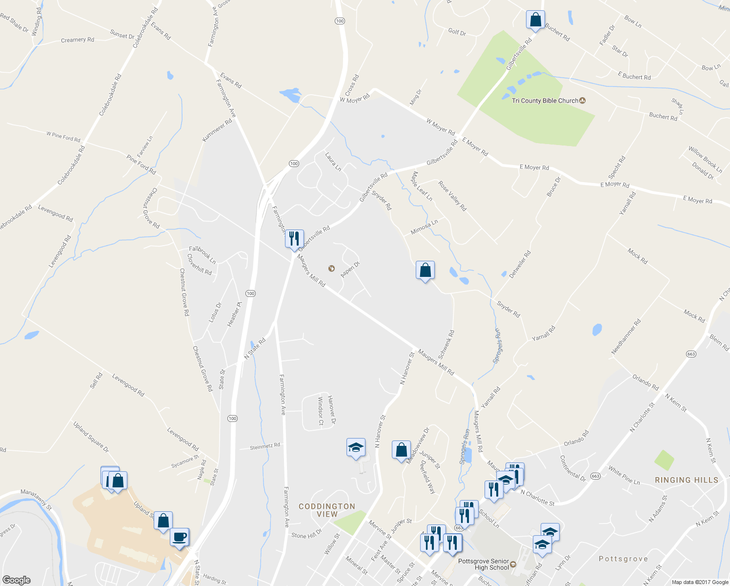 map of restaurants, bars, coffee shops, grocery stores, and more near 136 Butternut Drive in Pottstown