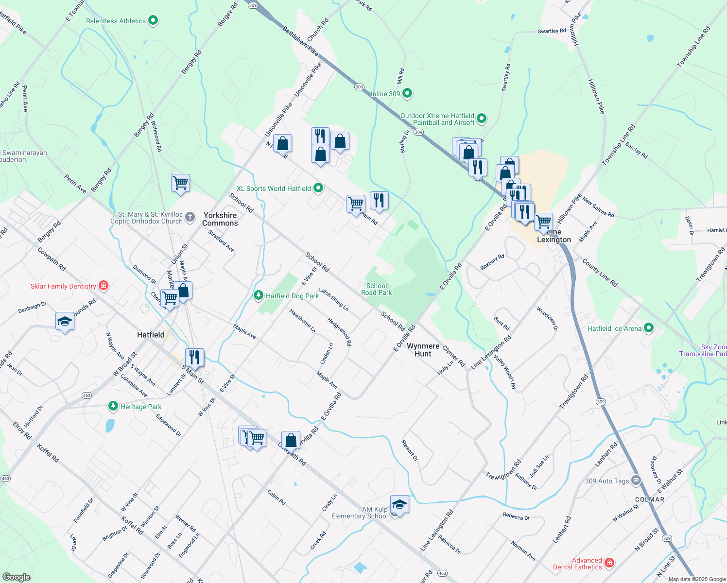 map of restaurants, bars, coffee shops, grocery stores, and more near 1631 School Rd in Hatfield