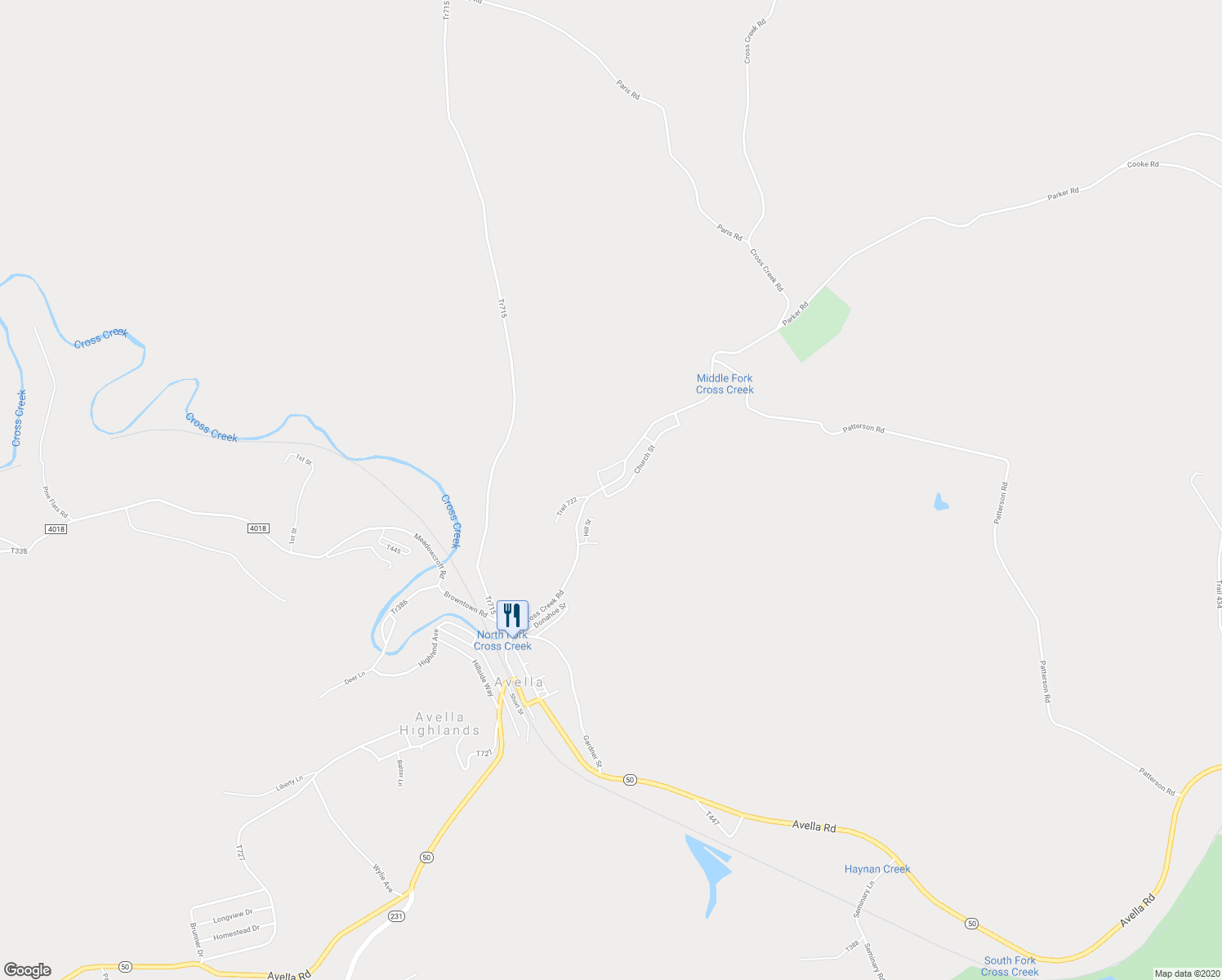 map of restaurants, bars, coffee shops, grocery stores, and more near 116 Cross Creek Road in Avella