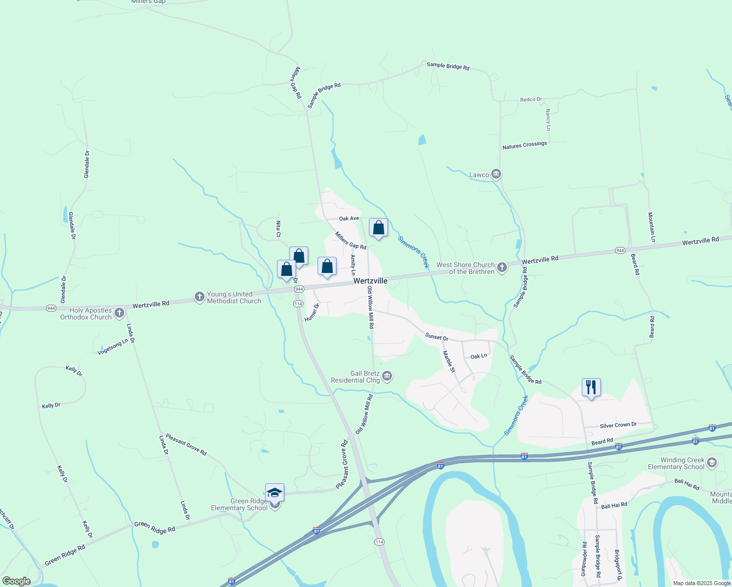 map of restaurants, bars, coffee shops, grocery stores, and more near 1375 Old Willow Mill Road in Mechanicsburg