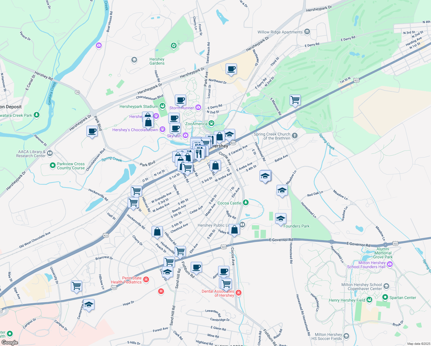 map of restaurants, bars, coffee shops, grocery stores, and more near 70 West Granada Avenue in Hershey