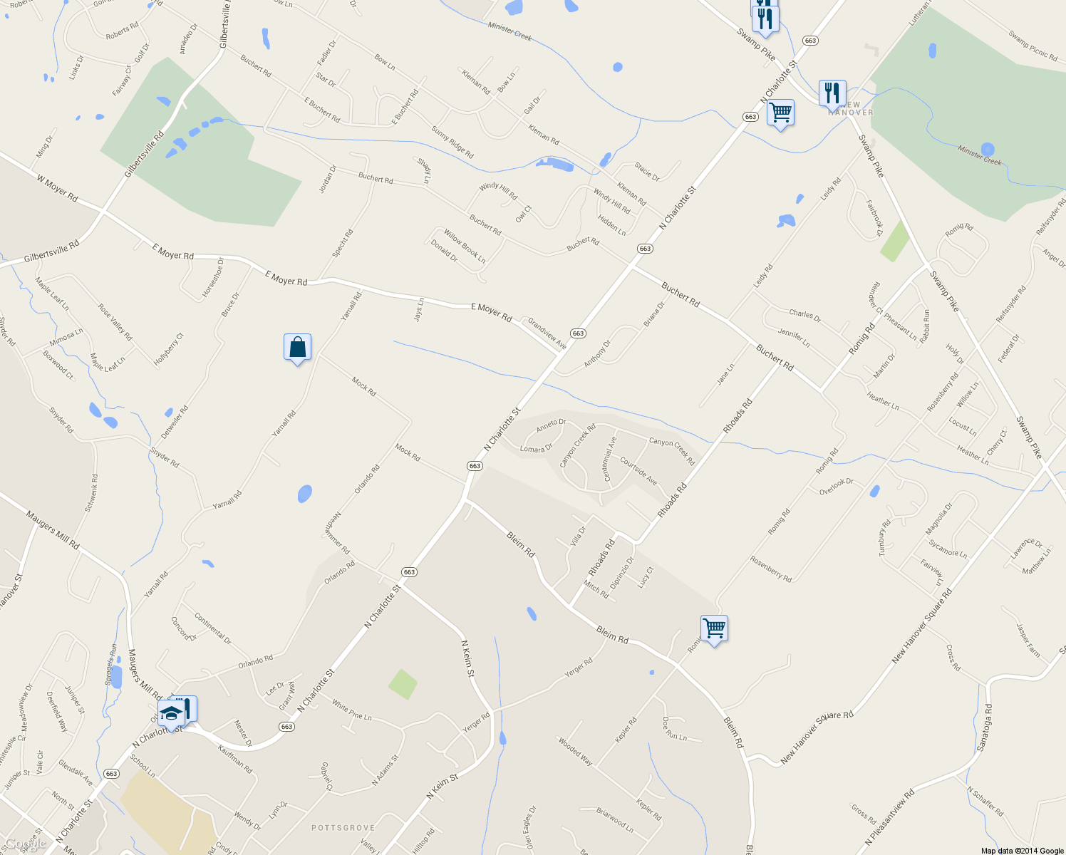 map of restaurants, bars, coffee shops, grocery stores, and more near 2417 Anneto Drive in Pottstown