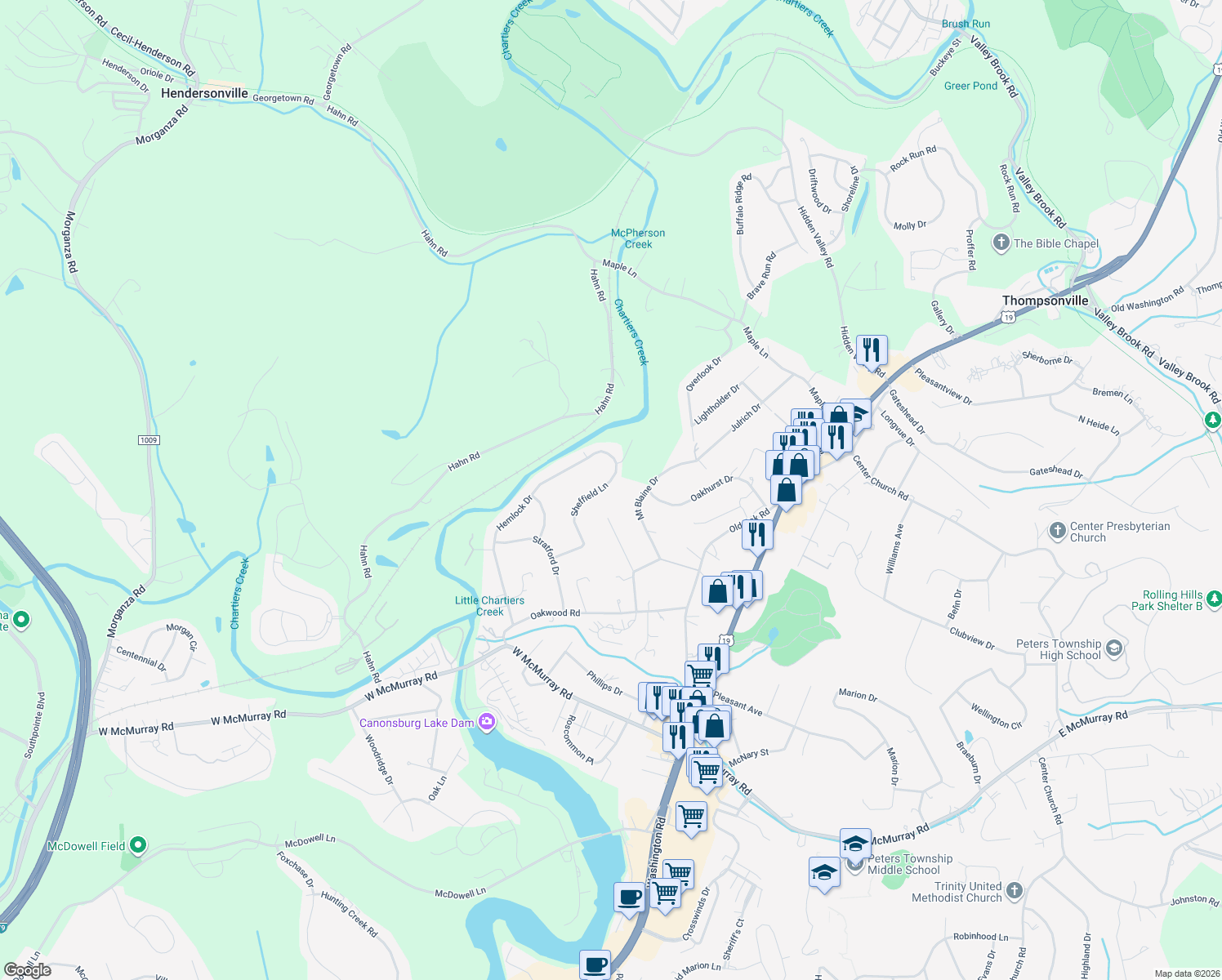 map of restaurants, bars, coffee shops, grocery stores, and more near 137 Sheffield Lane in McMurray