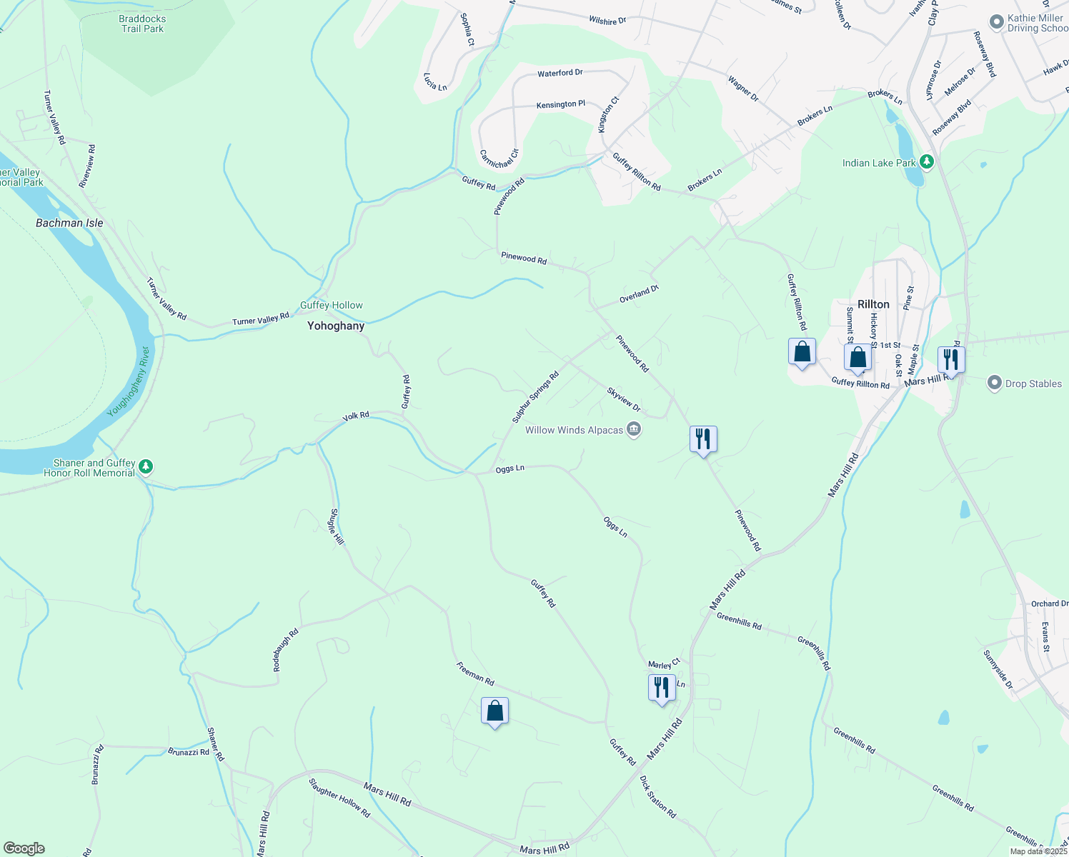 map of restaurants, bars, coffee shops, grocery stores, and more near 148 Sulphur Springs Road in Irwin
