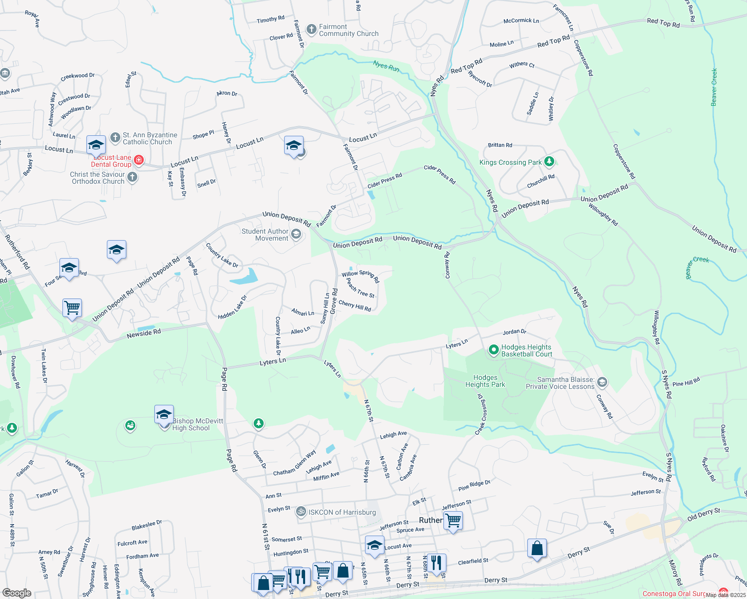 map of restaurants, bars, coffee shops, grocery stores, and more near 6091 Peach Tree Street in Harrisburg