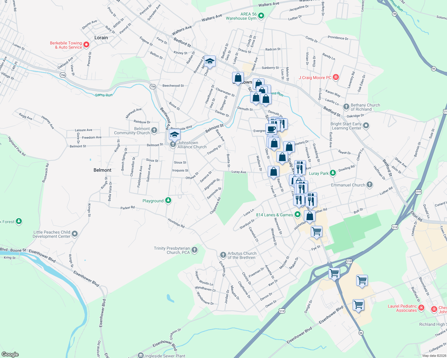 map of restaurants, bars, coffee shops, grocery stores, and more near 959 Chippewa Rd in Johnstown