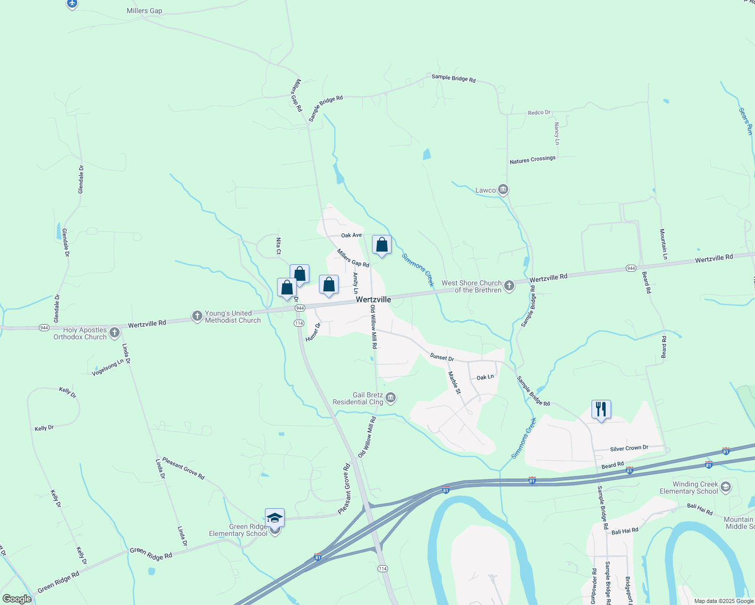 map of restaurants, bars, coffee shops, grocery stores, and more near 6993 Wertzville Road in Mechanicsburg