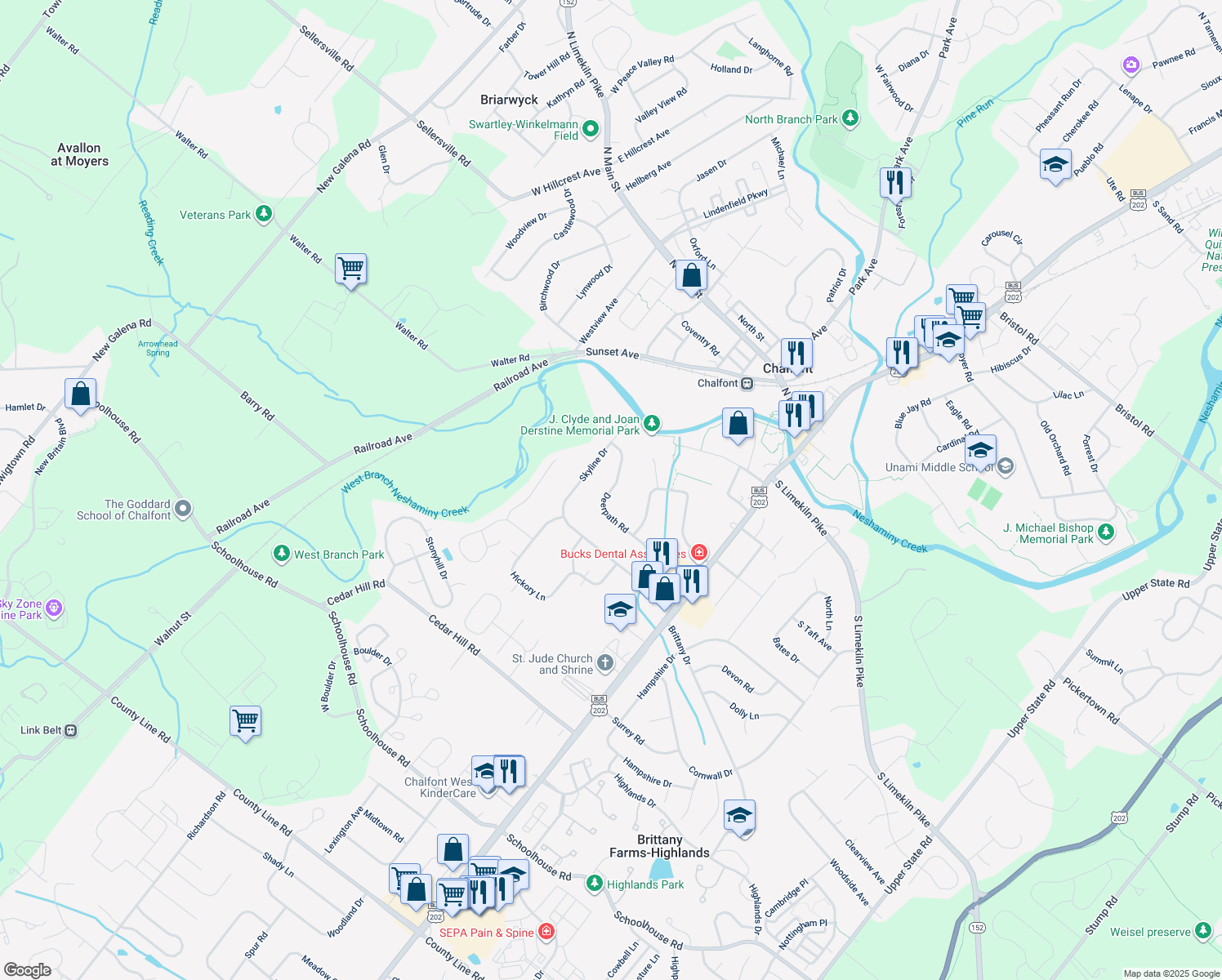 map of restaurants, bars, coffee shops, grocery stores, and more near 44 Deerpath Road in Chalfont